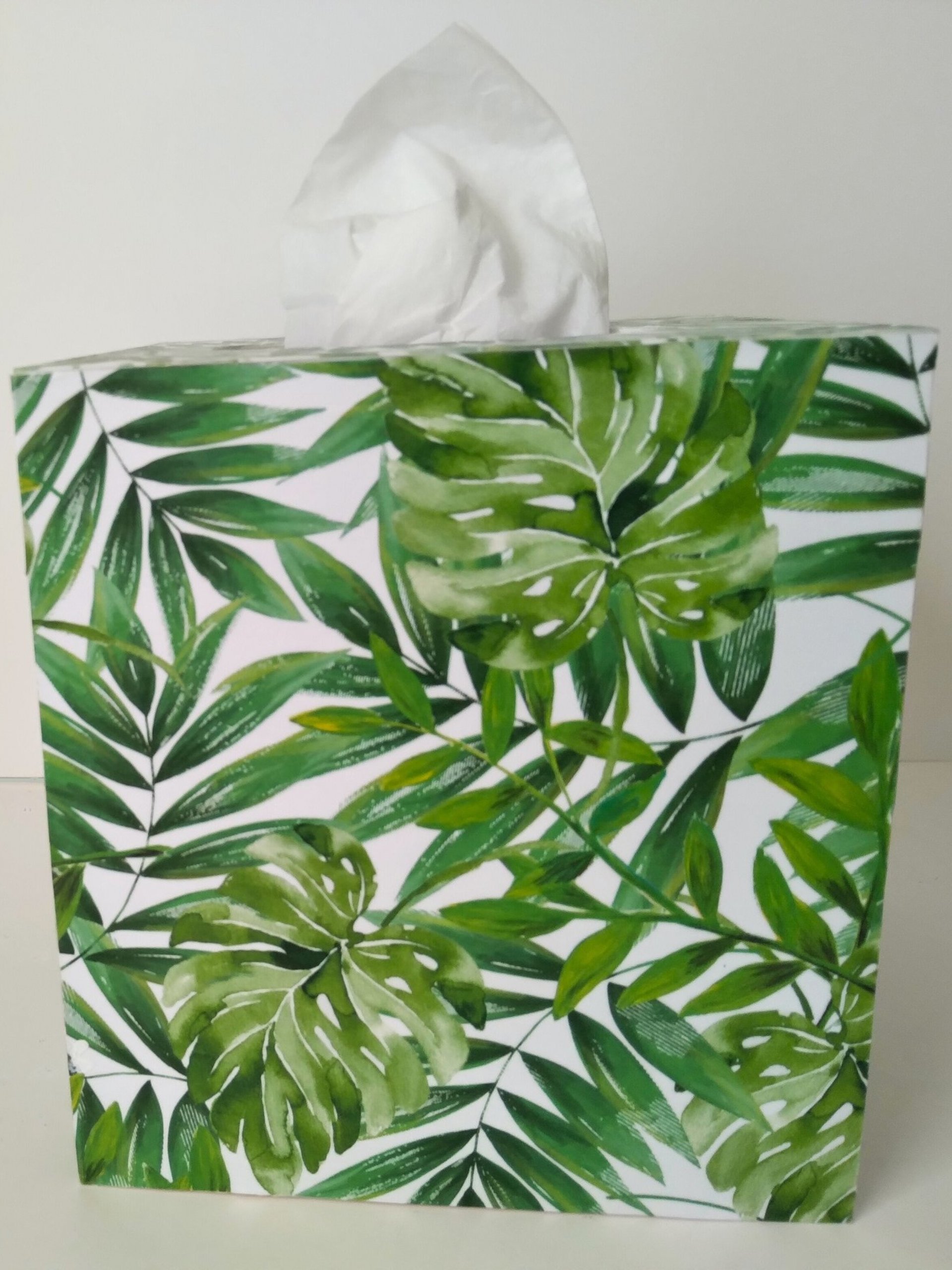 Tropical Palm Leaf Tissue Box Cover- Decoupage with green palm and monstera leaves on white background