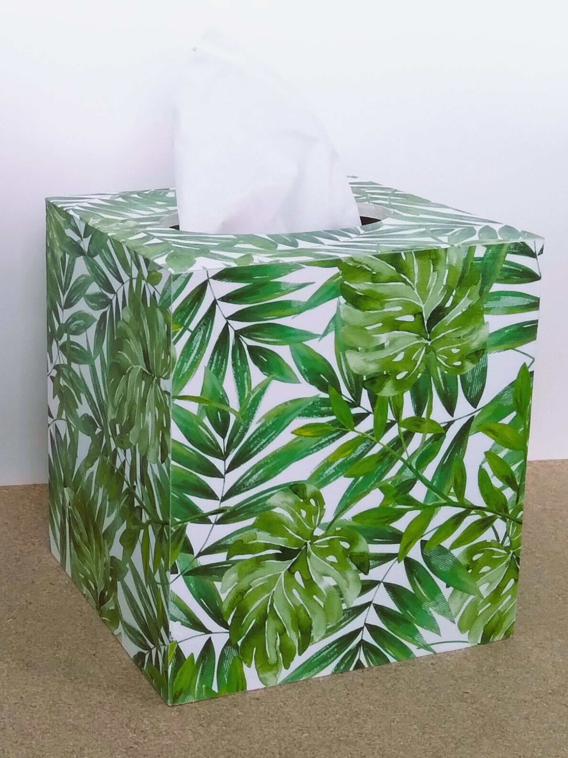 Tropical Palm Leaf Tissue Box Cover- Decoupage with green palm and monstera leaves on white background