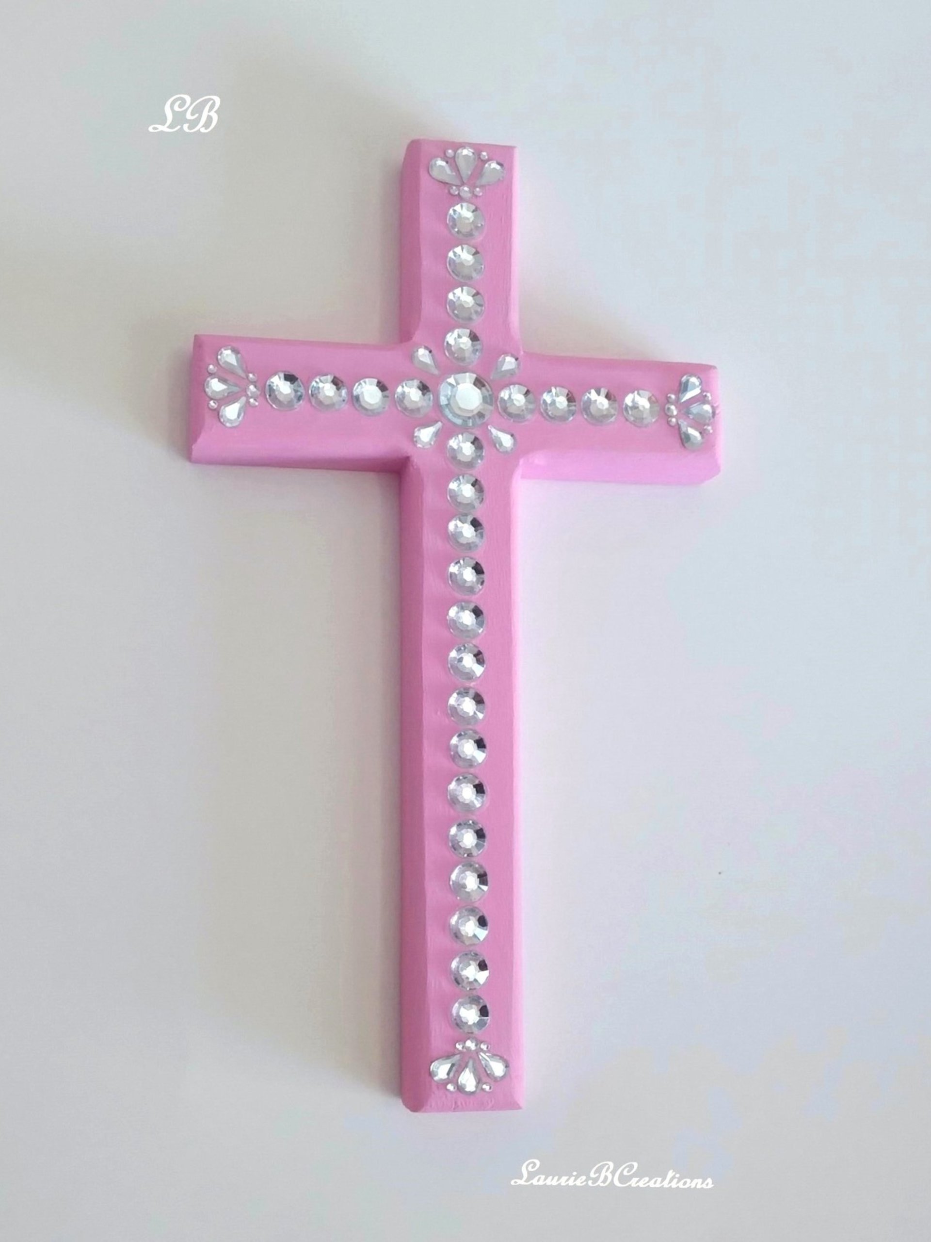 Bling Rhinestone Wall Cross - Handpainted cross with clear round and tear drop shaped rhinestones- 8" x 4.5"