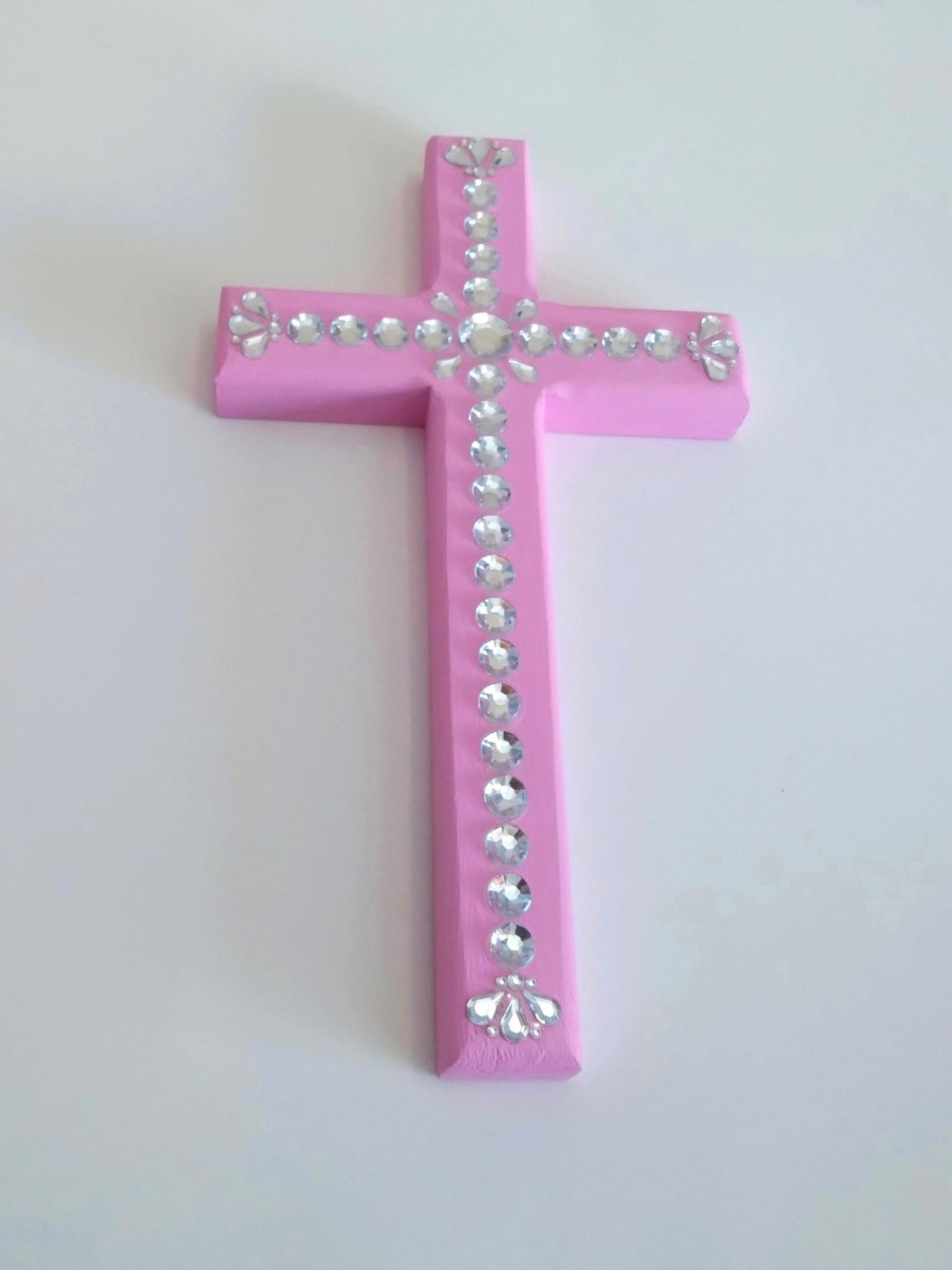Bling Rhinestone Wall Cross - Handpainted cross with clear round and tear drop shaped rhinestones- 8" x 4.5"
