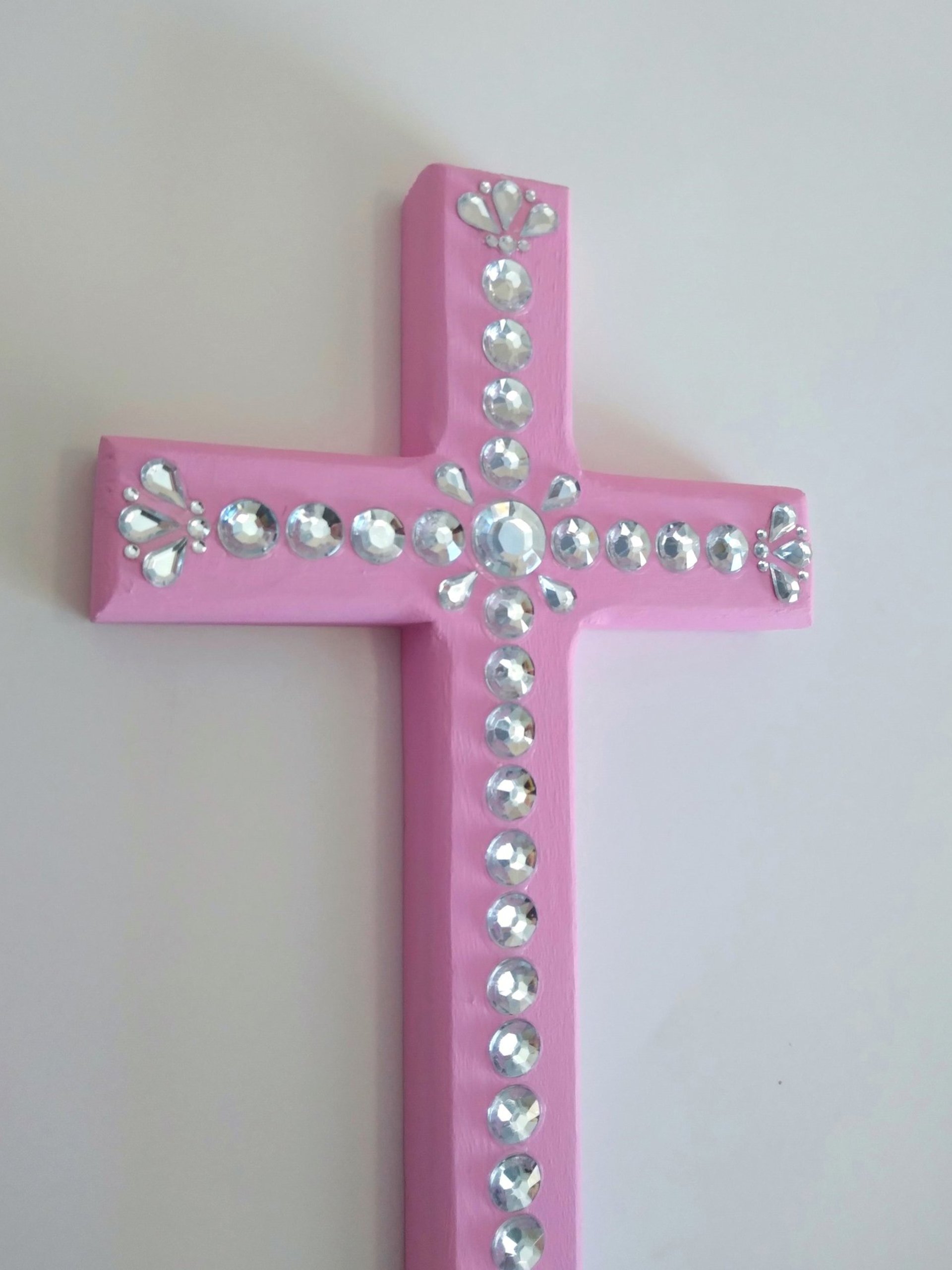 Bling Rhinestone Wall Cross - Handpainted cross with clear round and tear drop shaped rhinestones- 8" x 4.5"