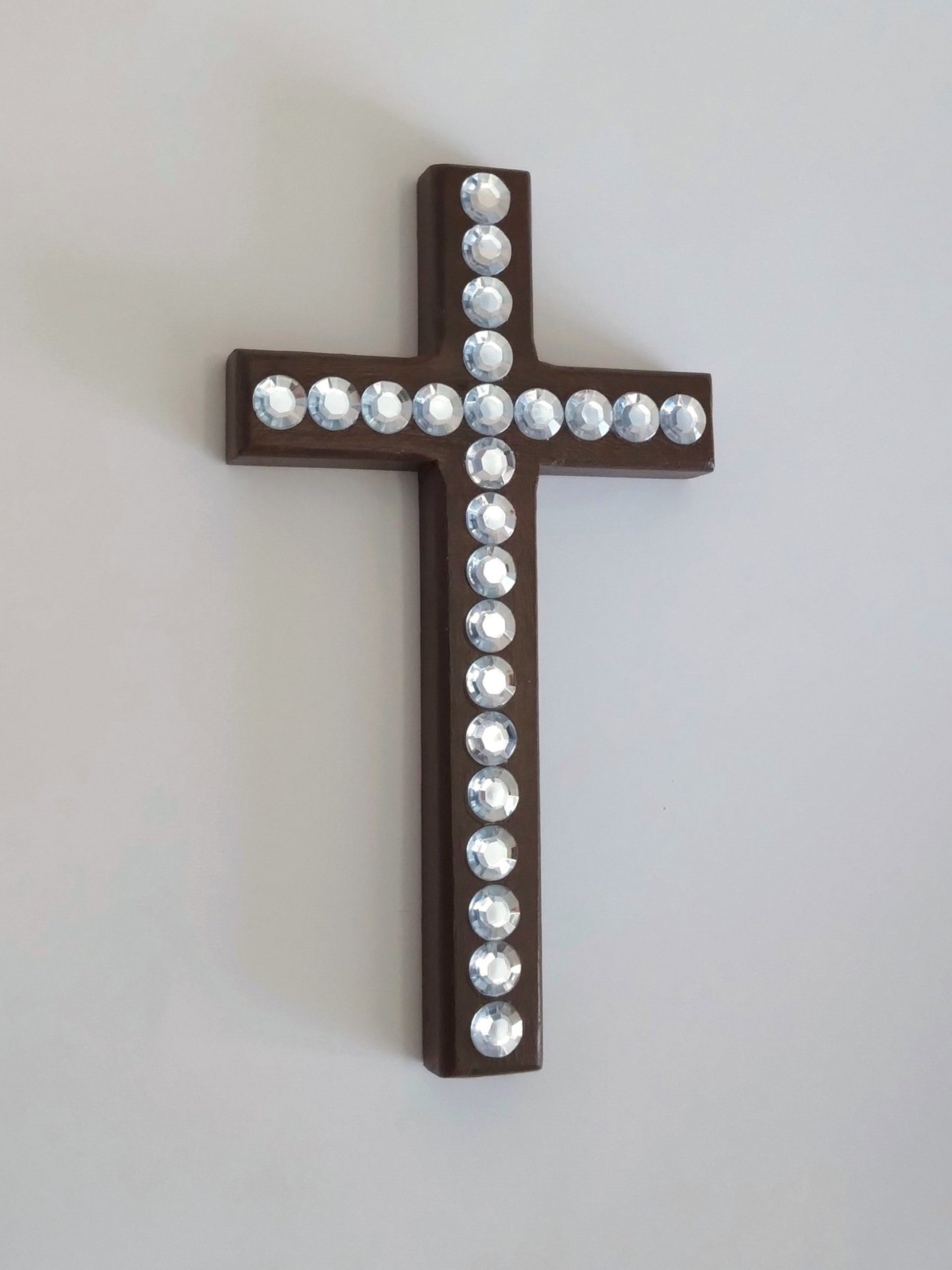 Rhinestone Wall Cross - Handpainted sparkling bling cross with large clear rhinestones - 8" x 4.5" 