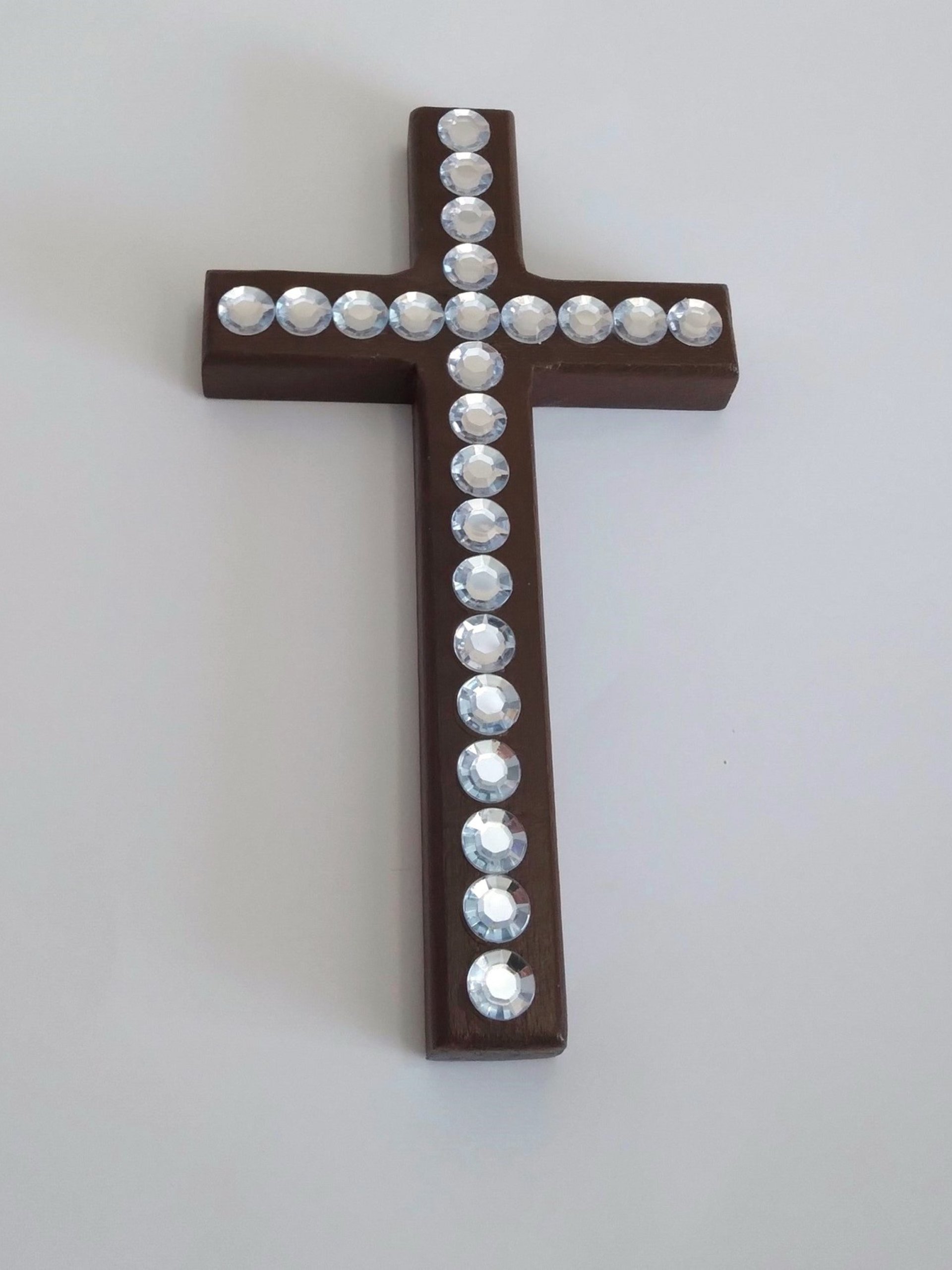 Rhinestone Wall Cross - Handpainted sparkling bling cross with large clear rhinestones - 8" x 4.5" 