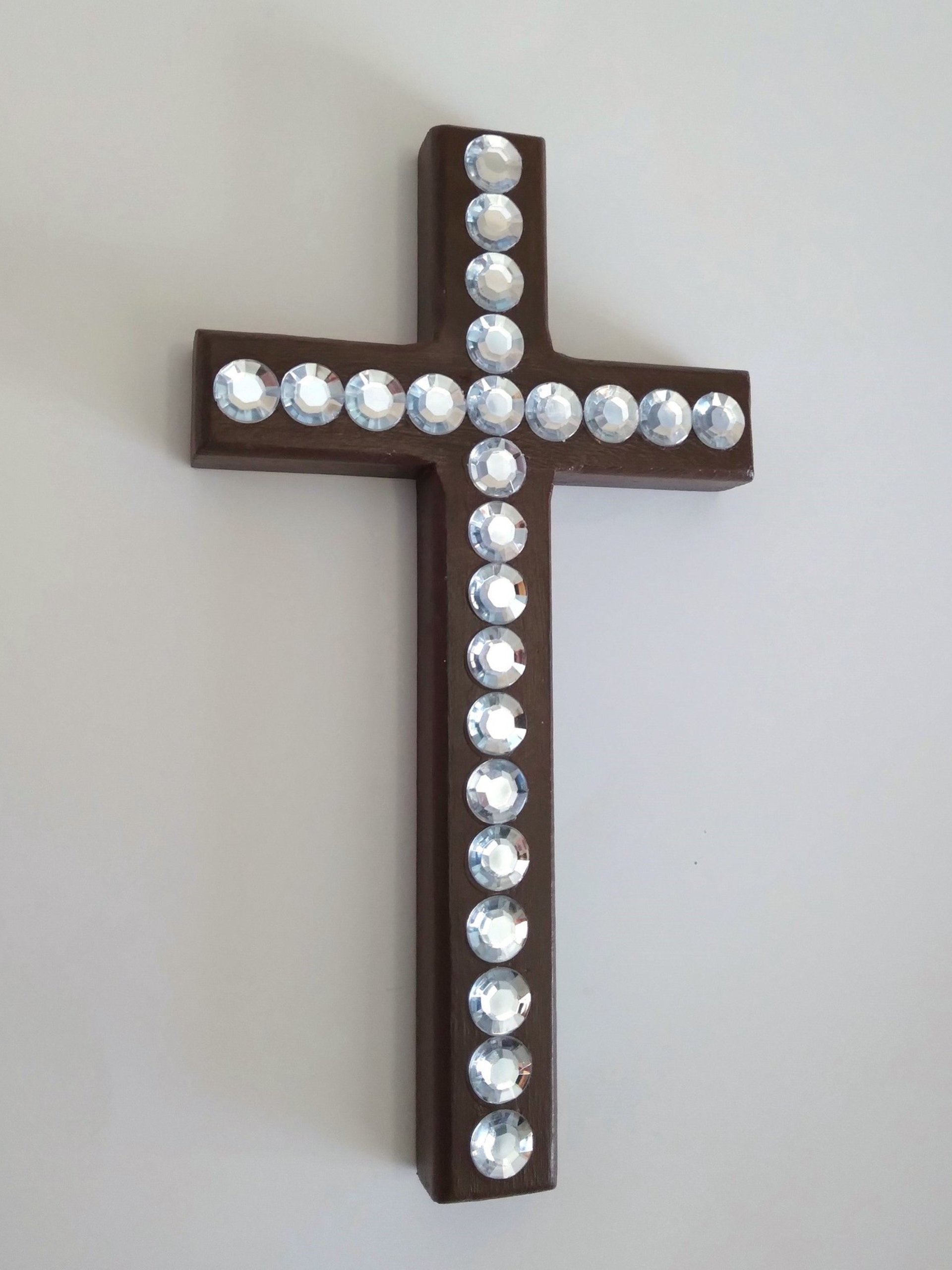 Rhinestone Wall Cross - Handpainted sparkling bling cross with large clear rhinestones - 8" x 4.5" 