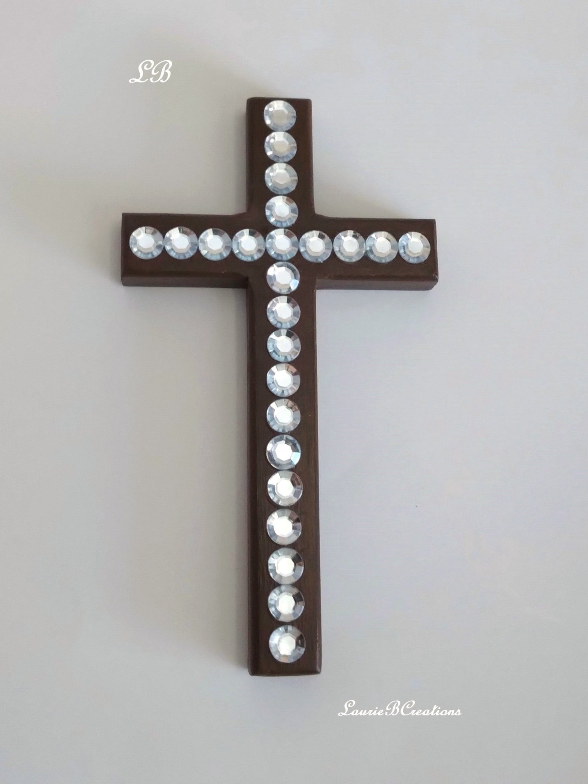 Rhinestone Wall Cross - Handpainted sparkling bling cross with large clear rhinestones - 8" x 4.5" 