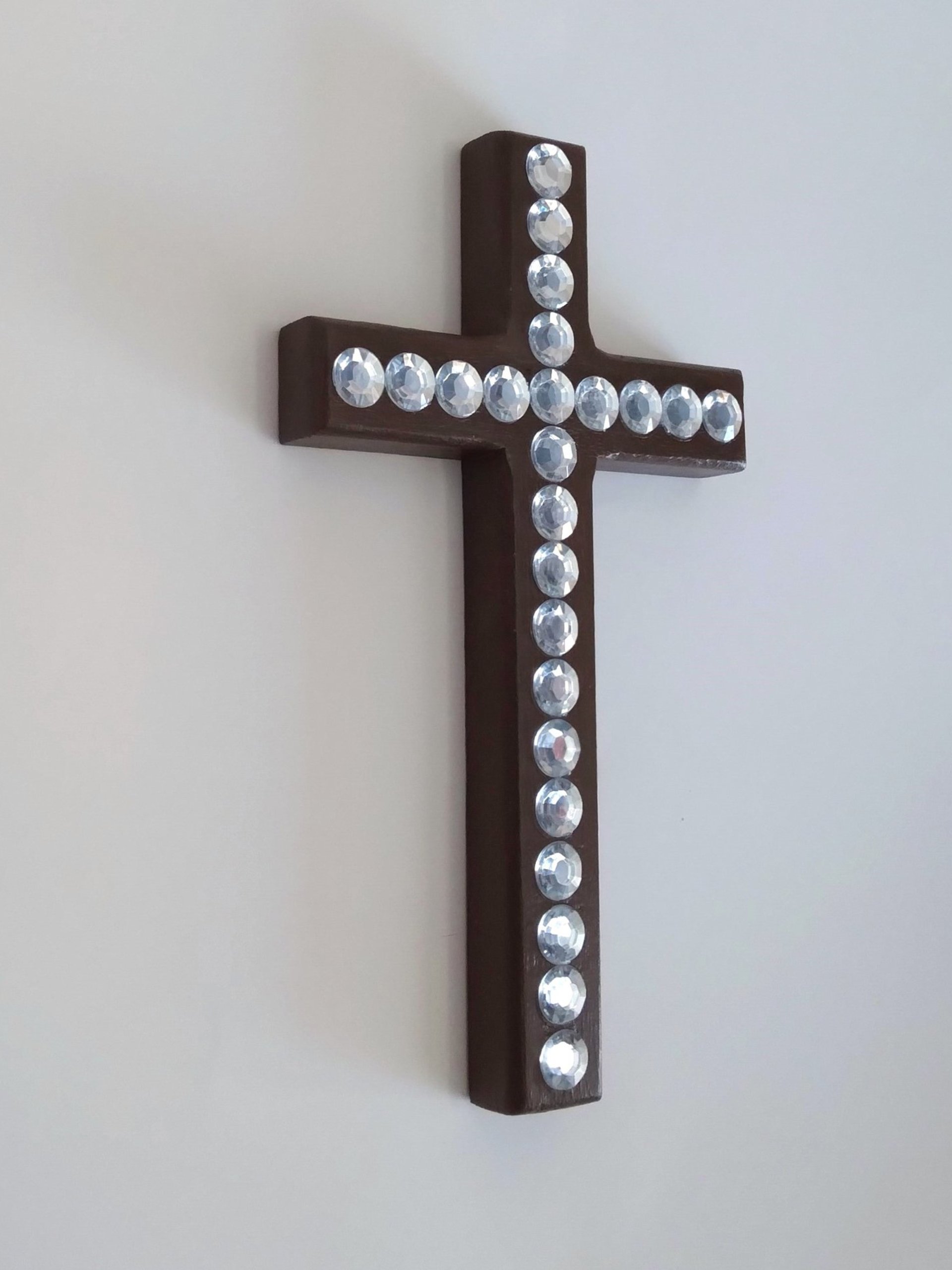 Rhinestone Wall Cross - Handpainted sparkling bling cross with large clear rhinestones - 8" x 4.5" 