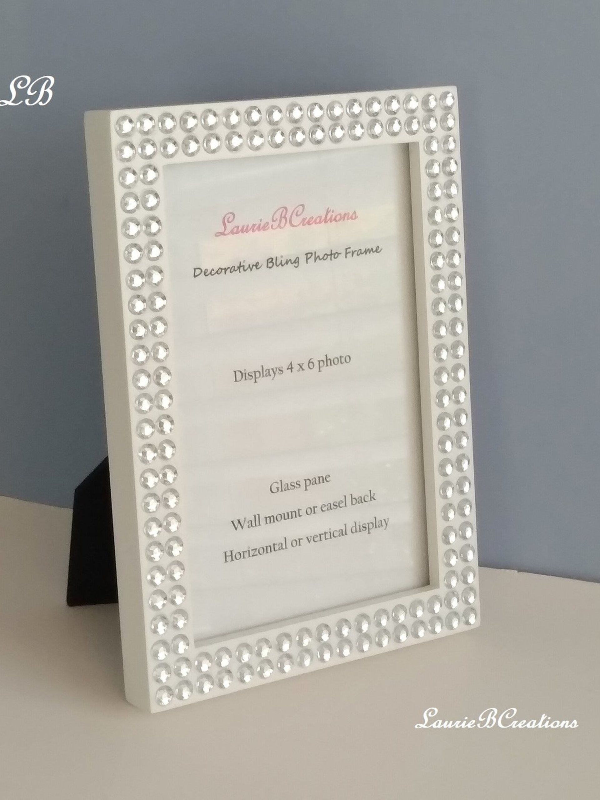 Bling Picture Frame - White or black w/small clear rhinestones - for 4 x 6 or 5 x 7 photos or info