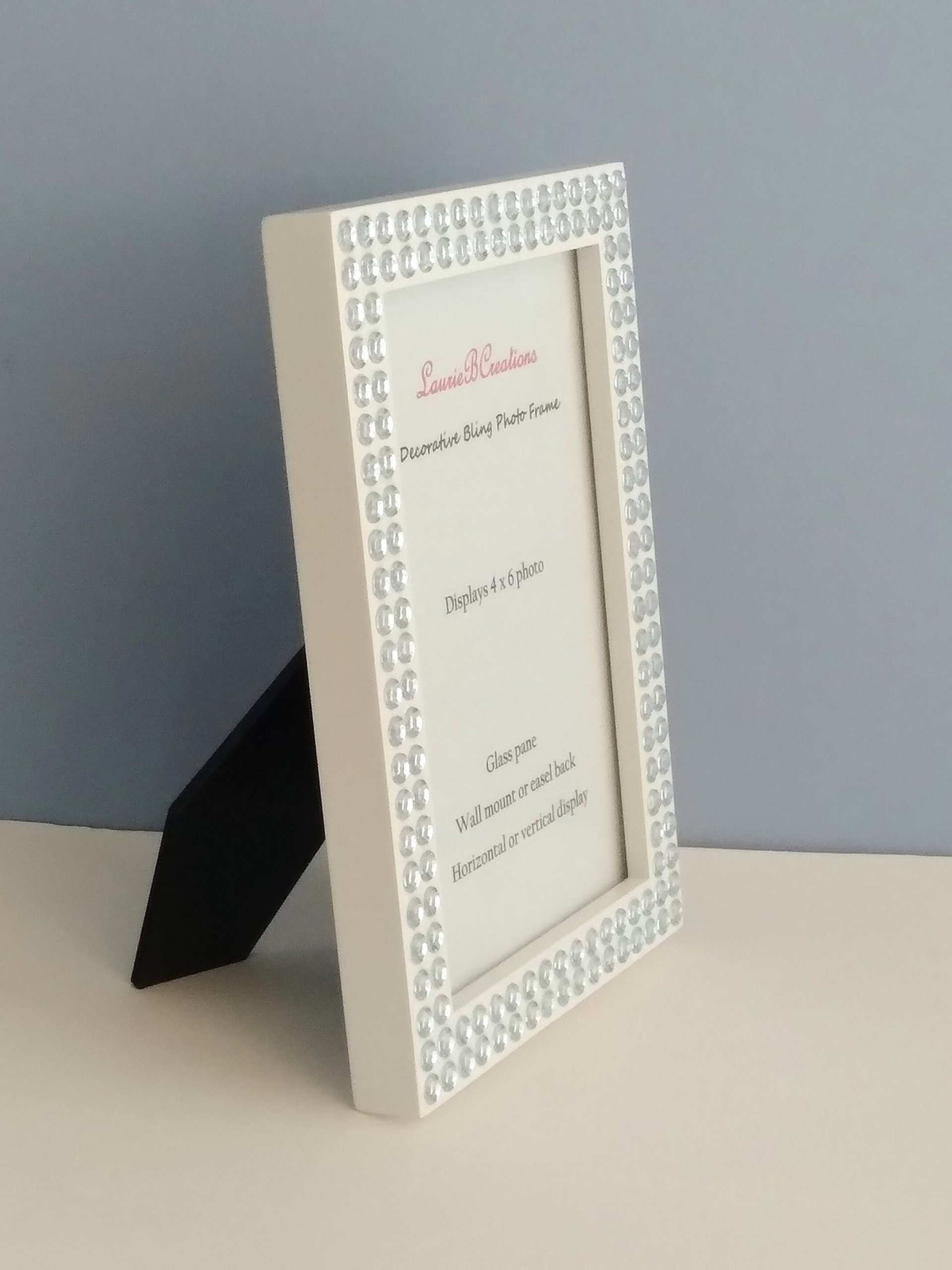 Bling Picture Frame - White or black w/small clear rhinestones - for 4 x 6 or 5 x 7 photos or info