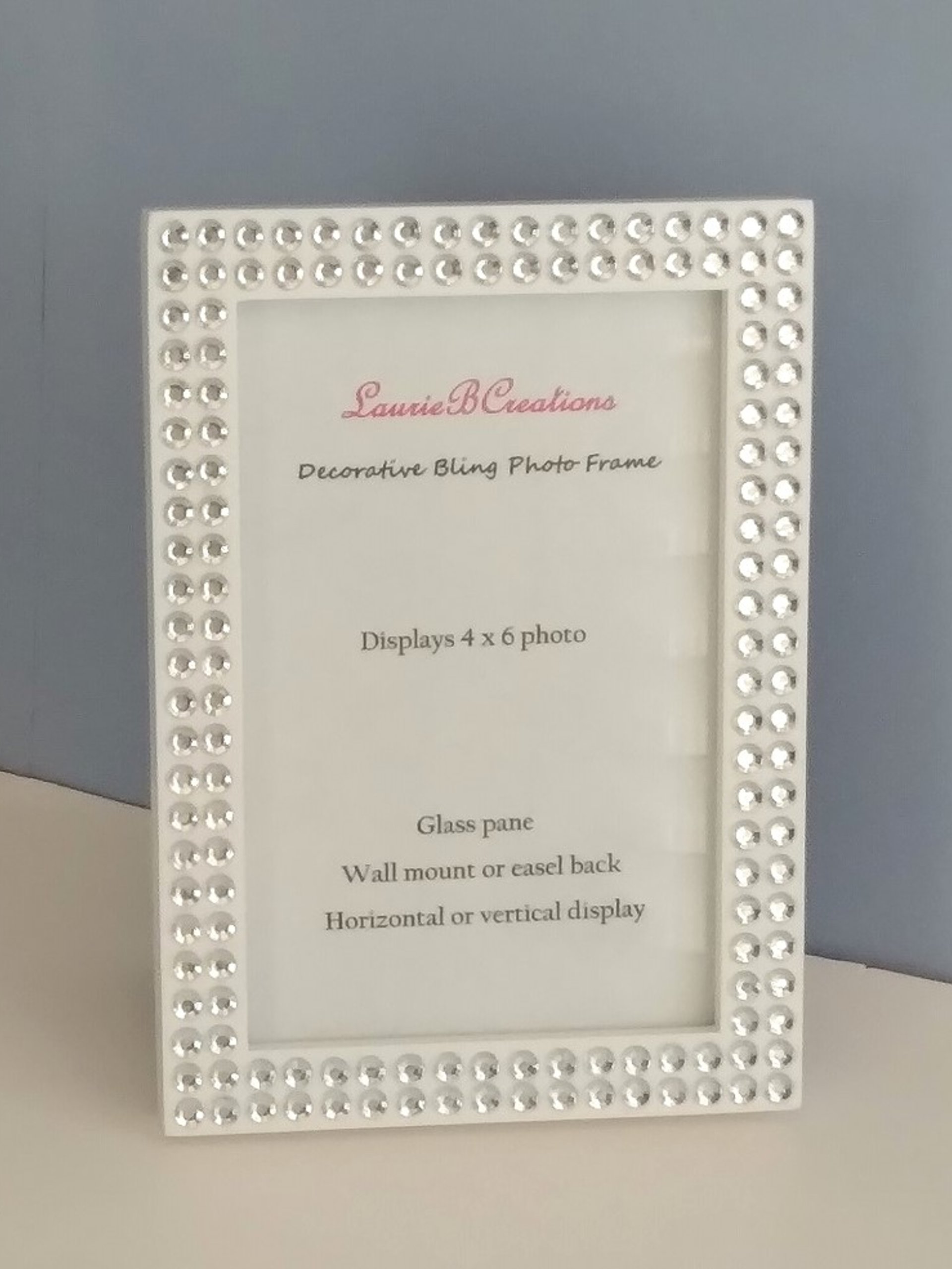 Bling Picture Frame - White or black w/small clear rhinestones - for 4 x 6 or 5 x 7 photos or info