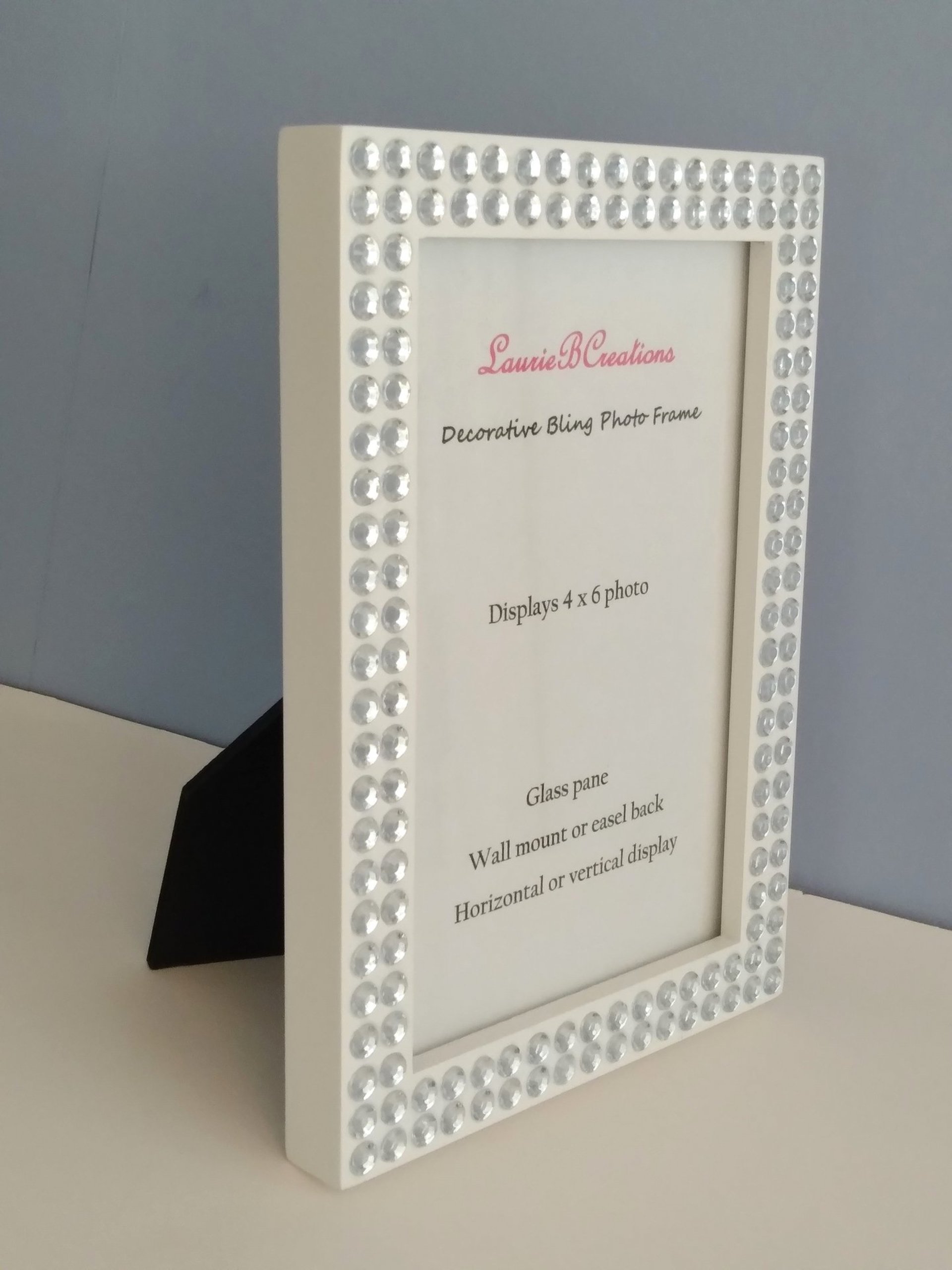 Bling Picture Frame - White or black w/small clear rhinestones - for 4 x 6 or 5 x 7 photos or info