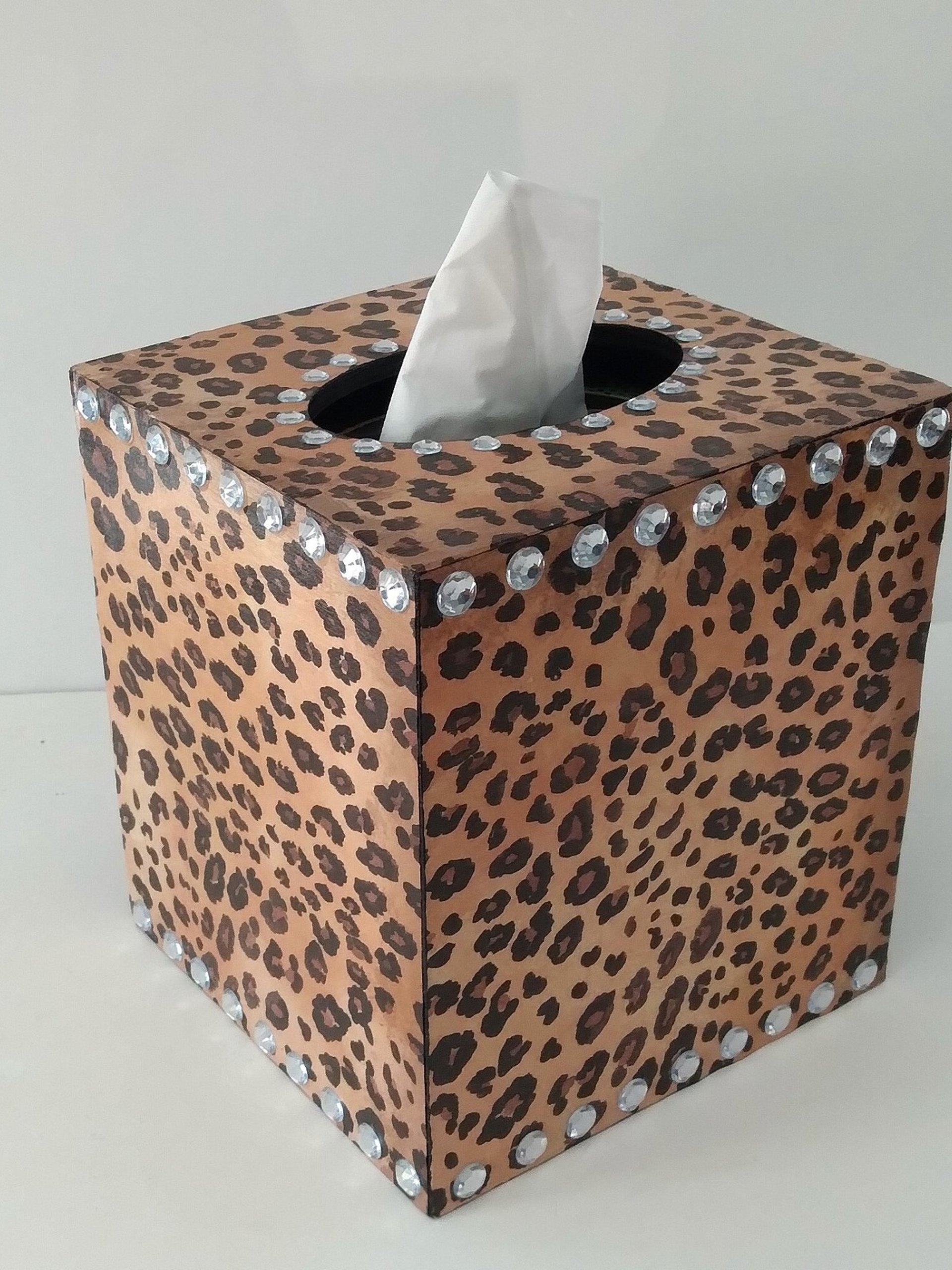 Animal Print & Bling Tissue Box Cover - Decoupage Tissue Holder with Cheetah/Leopard Design and Clear Rhinestones 