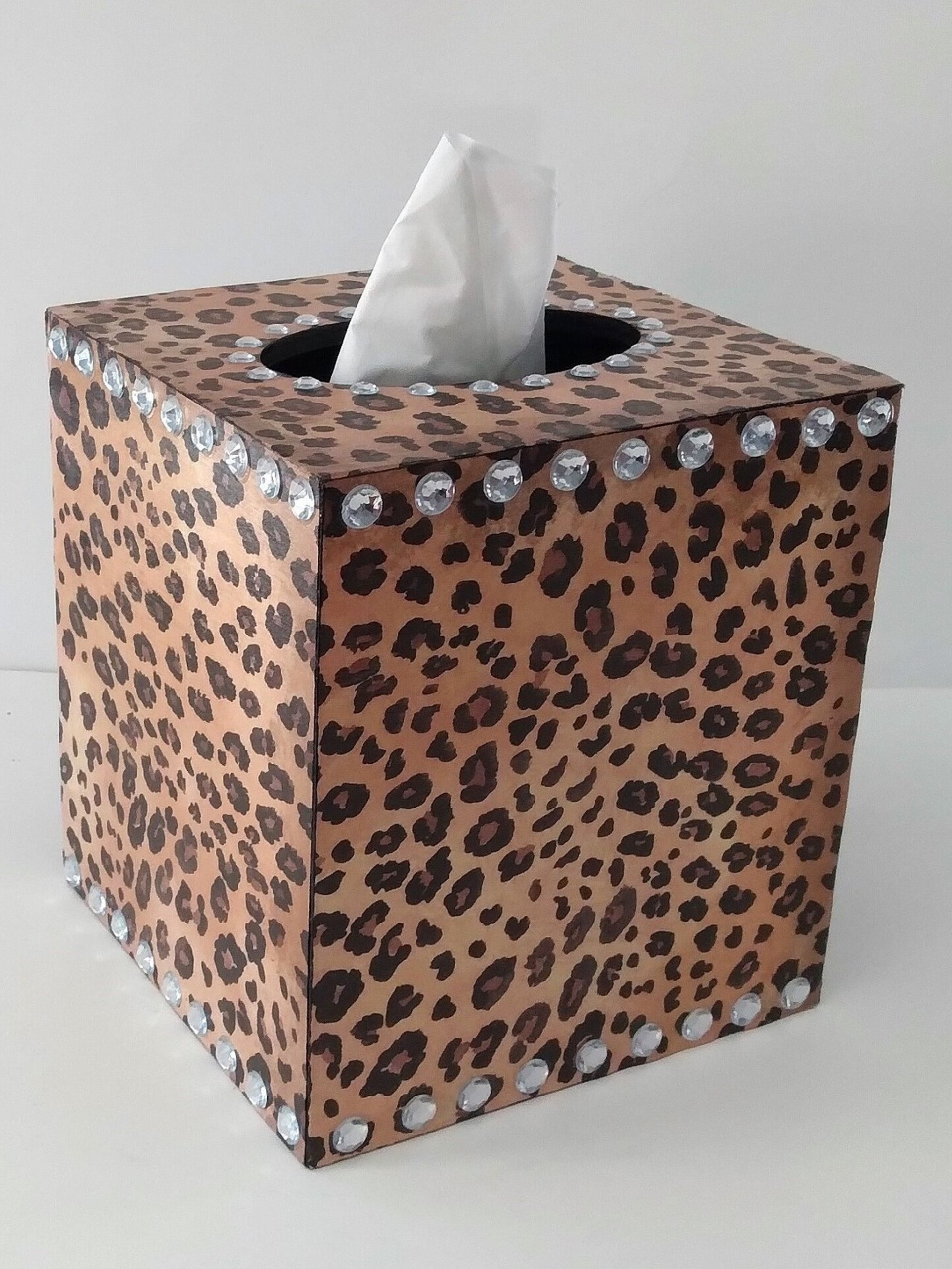 Animal Print & Bling Tissue Box Cover - Decoupage Tissue Holder with Cheetah/Leopard Design and Clear Rhinestones 