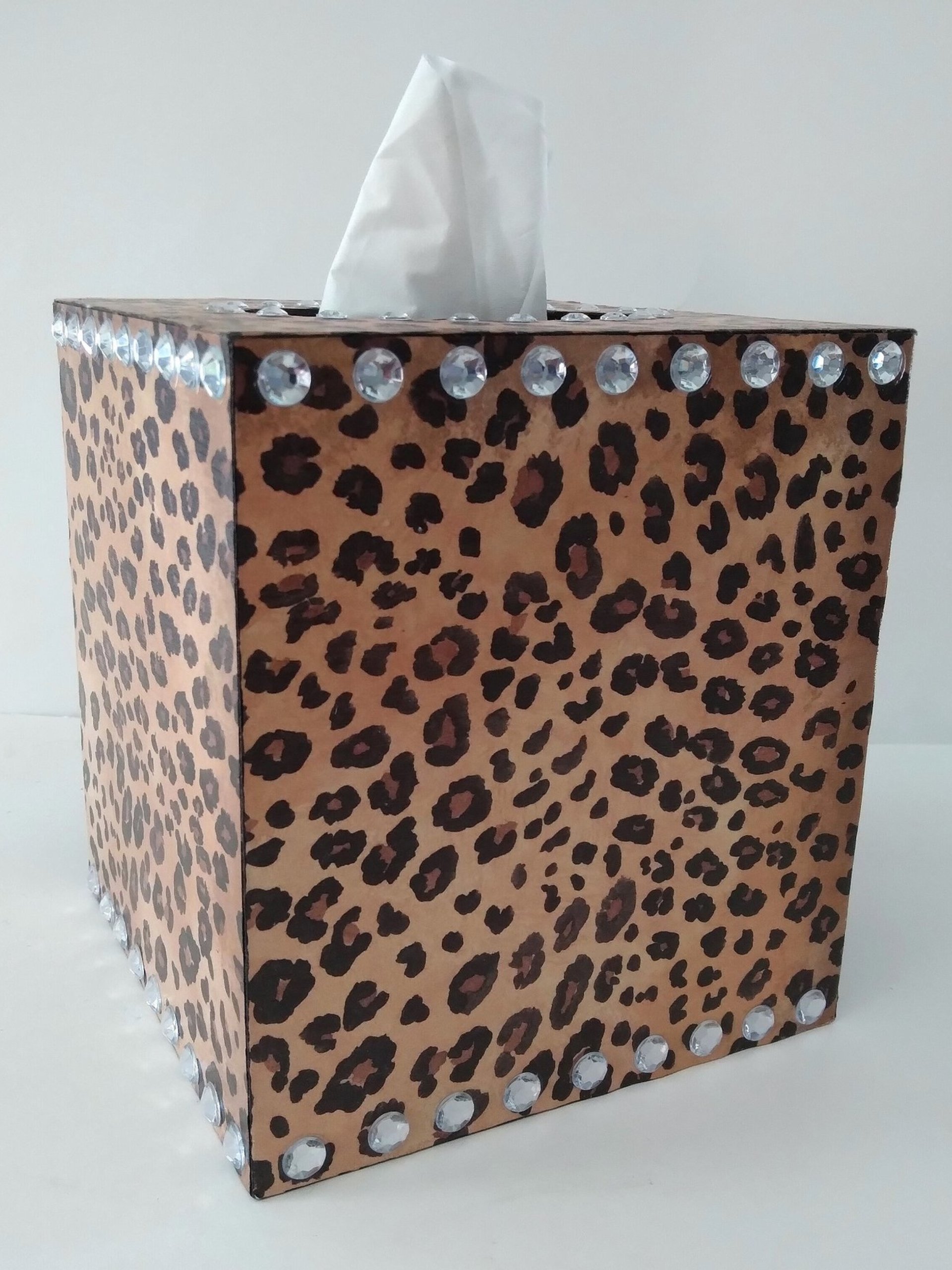 Animal Print & Bling Tissue Box Cover - Decoupage Tissue Holder with Cheetah/Leopard Design and Clear Rhinestones 