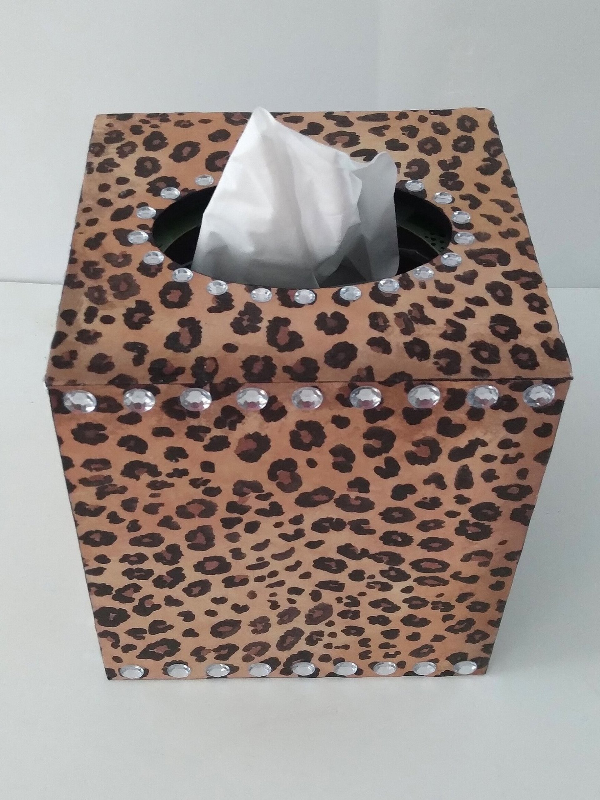 Animal Print & Bling Tissue Box Cover - Decoupage Tissue Holder with Cheetah/Leopard Design and Clear Rhinestones 