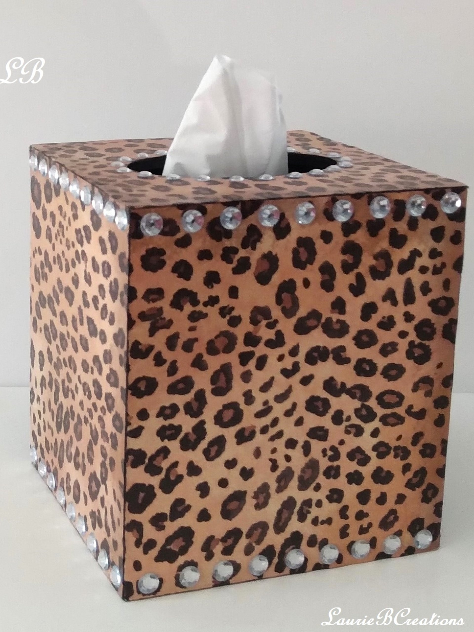 Animal Print & Bling Tissue Box Cover - Decoupage Tissue Holder with Cheetah/Leopard Design and Clear Rhinestones 
