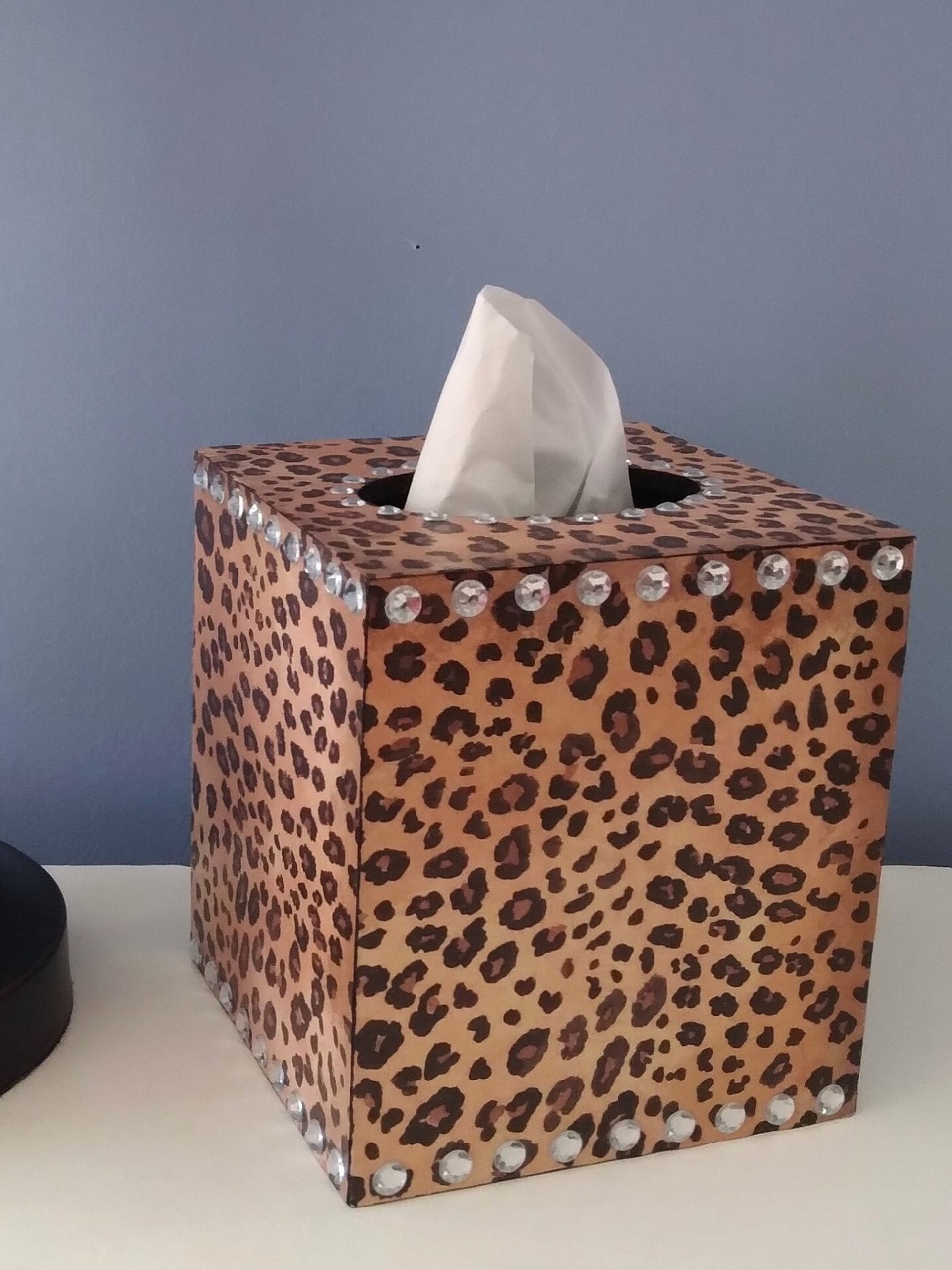 Animal Print & Bling Tissue Box Cover - Decoupage Tissue Holder with Cheetah/Leopard Design and Clear Rhinestones 