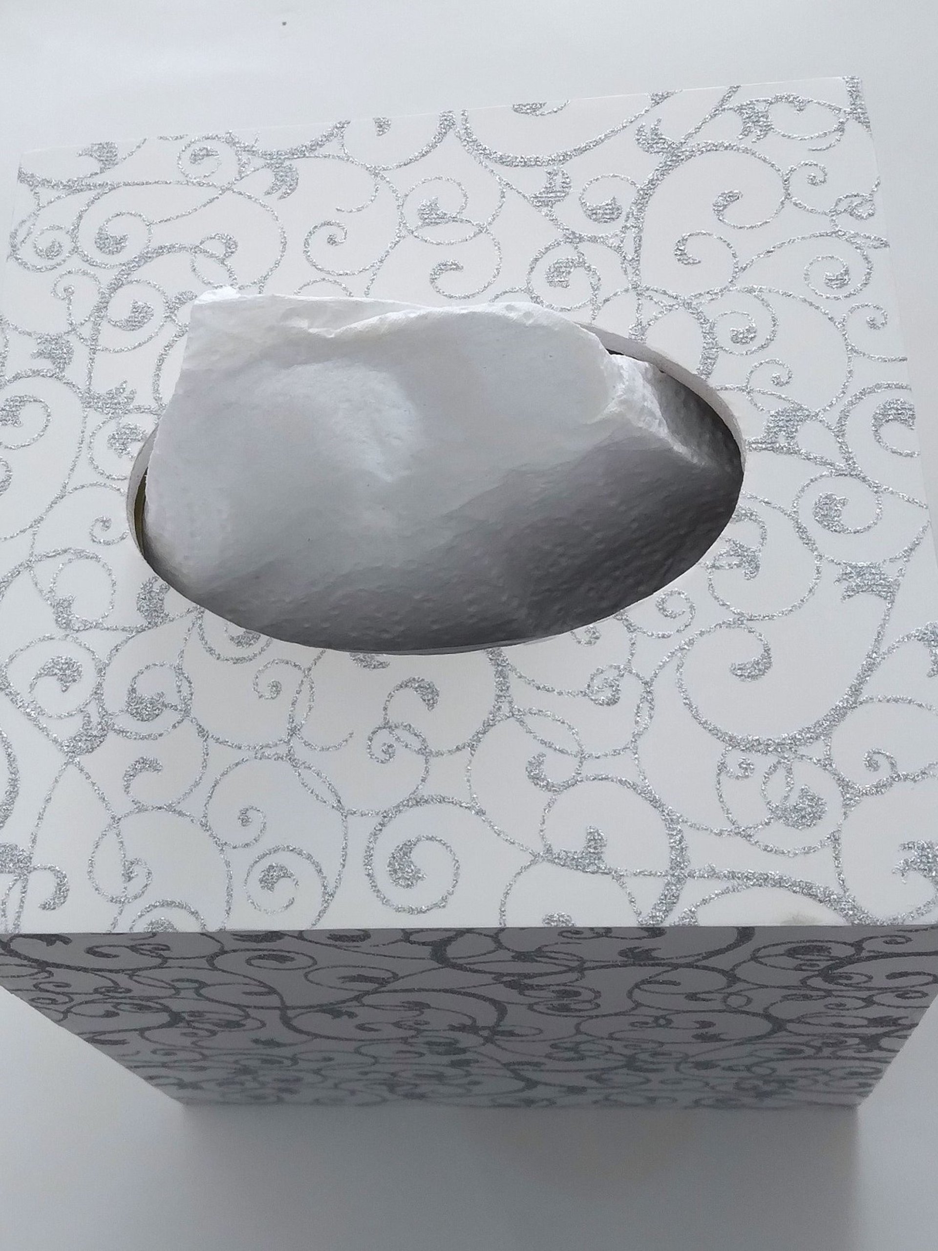 White & Silver Swirl Tissue Box Cover-White w/Sparkling Silver Glitter Swirls,Square Tissue Holder
