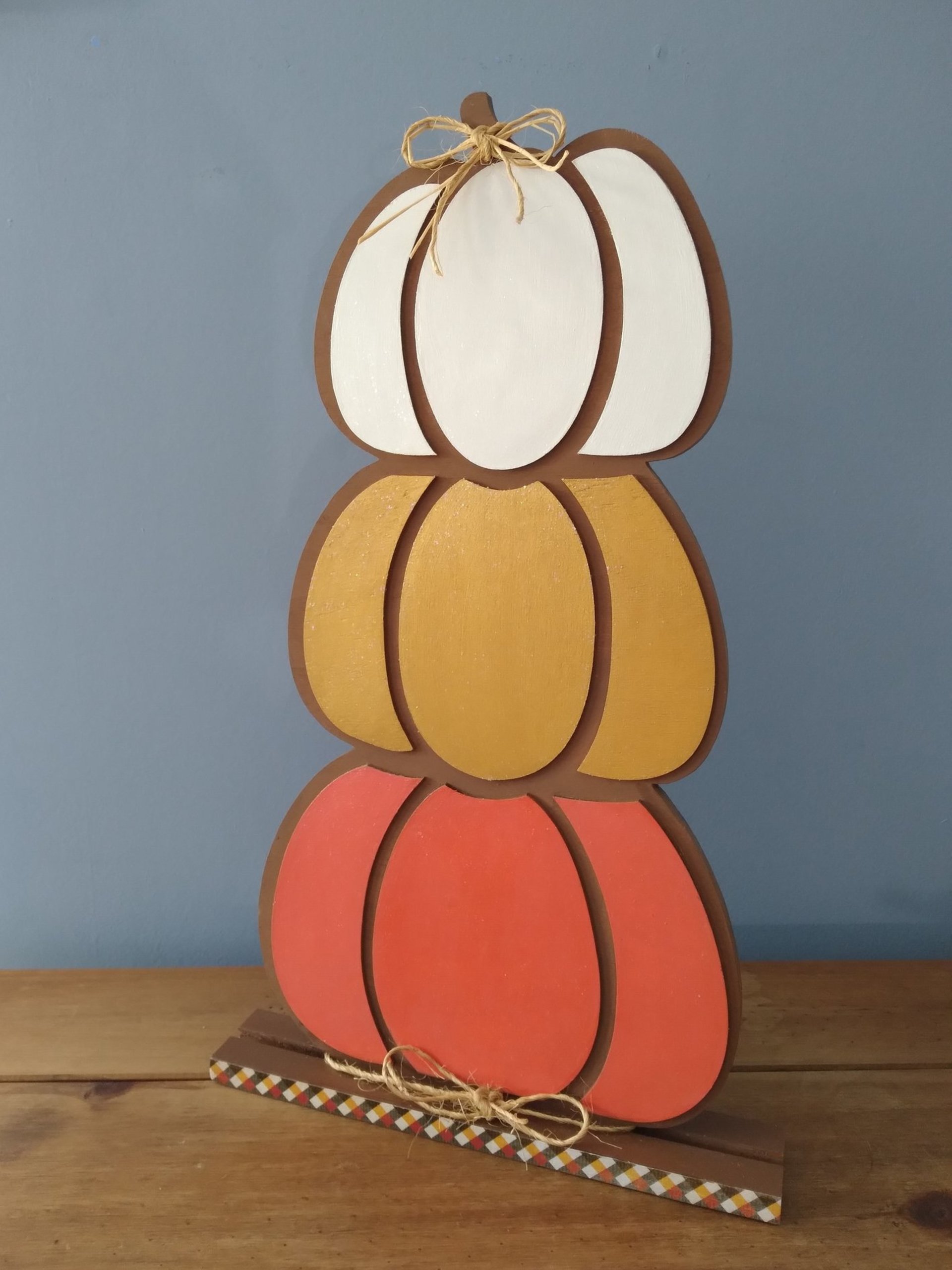Stacked Wood Pumpkins - Handpainted Fall decor in brown with colorful sparkling pumpkins