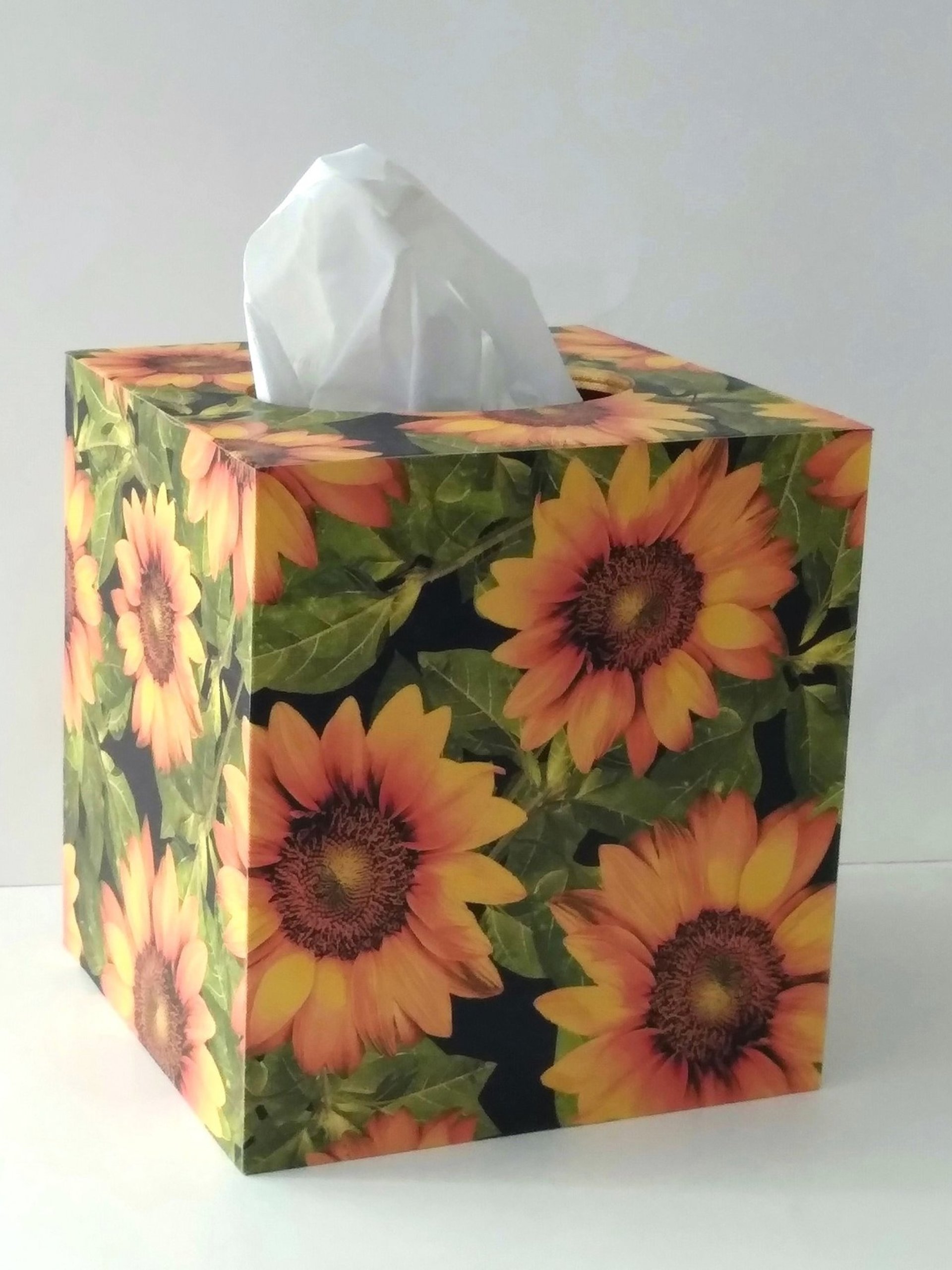 Sunflower Tissue Box Cover - Decoupage with golden yellow flowers, green leaves and black background