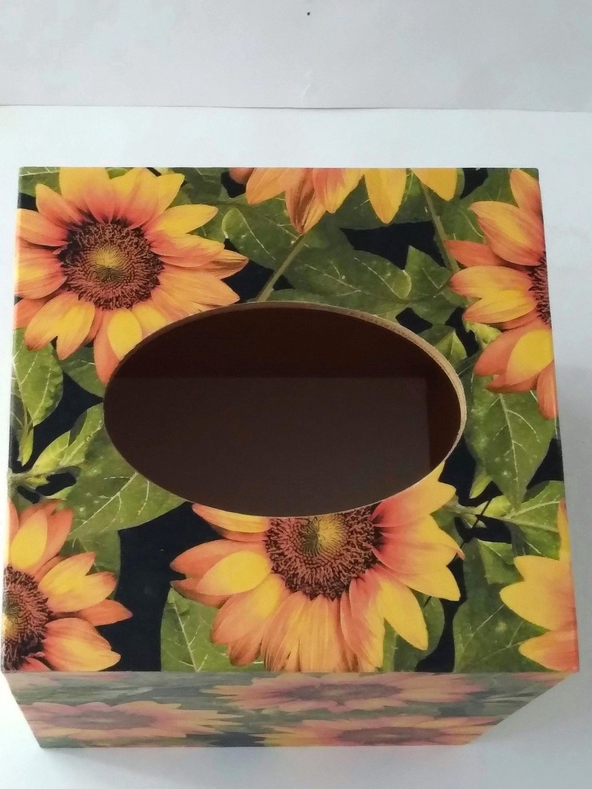 Sunflower Tissue Box Cover - Decoupage with golden yellow flowers, green leaves and black background
