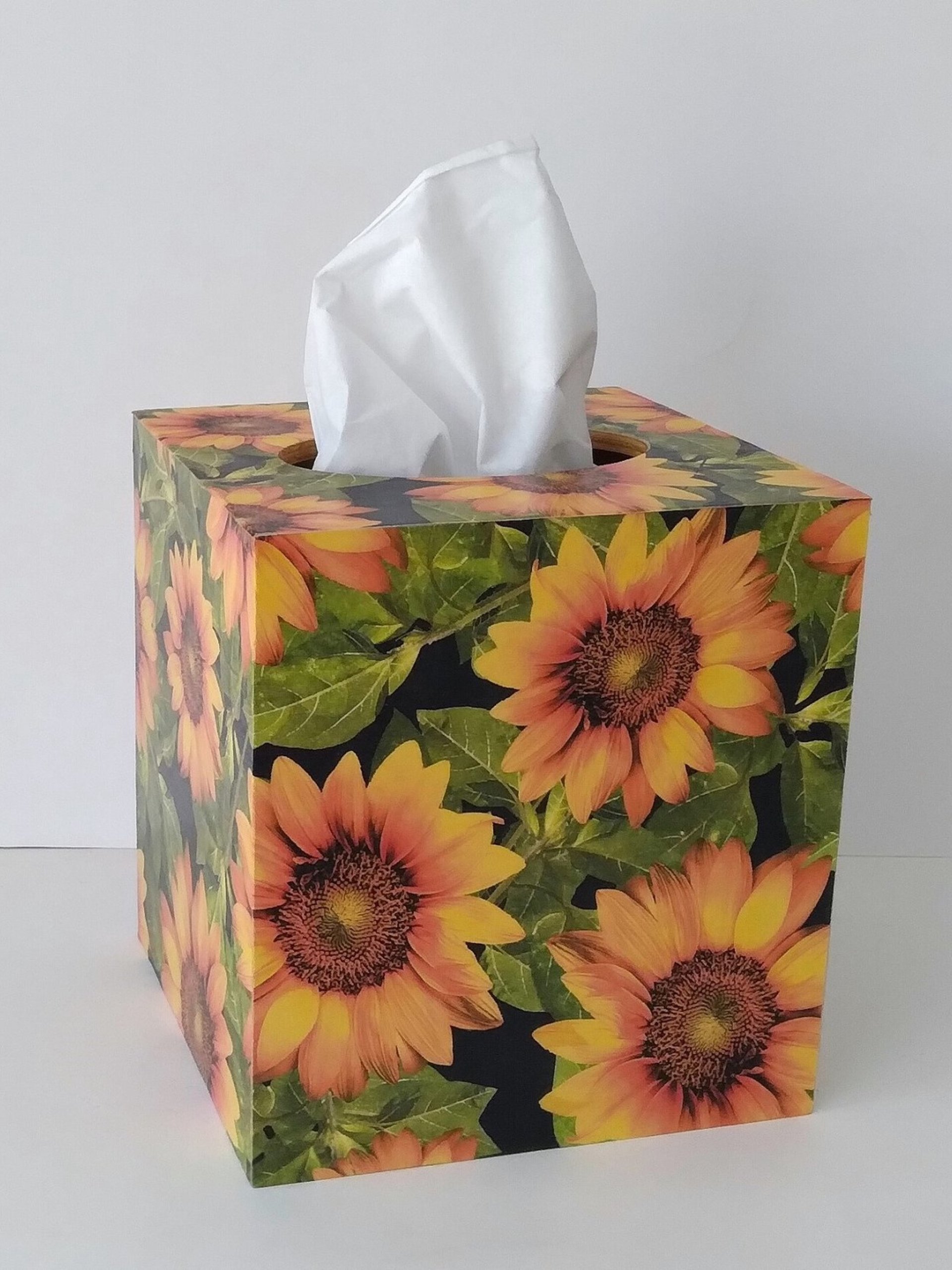 Sunflower Tissue Box Cover - Decoupage with golden yellow flowers, green leaves and black background