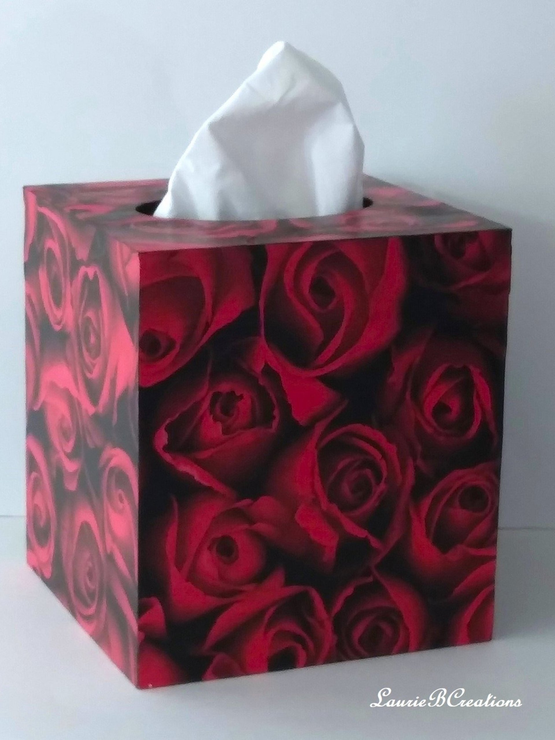 Red Rose Tissue Box Cover- Floral Decoupage Square Tissue Holder