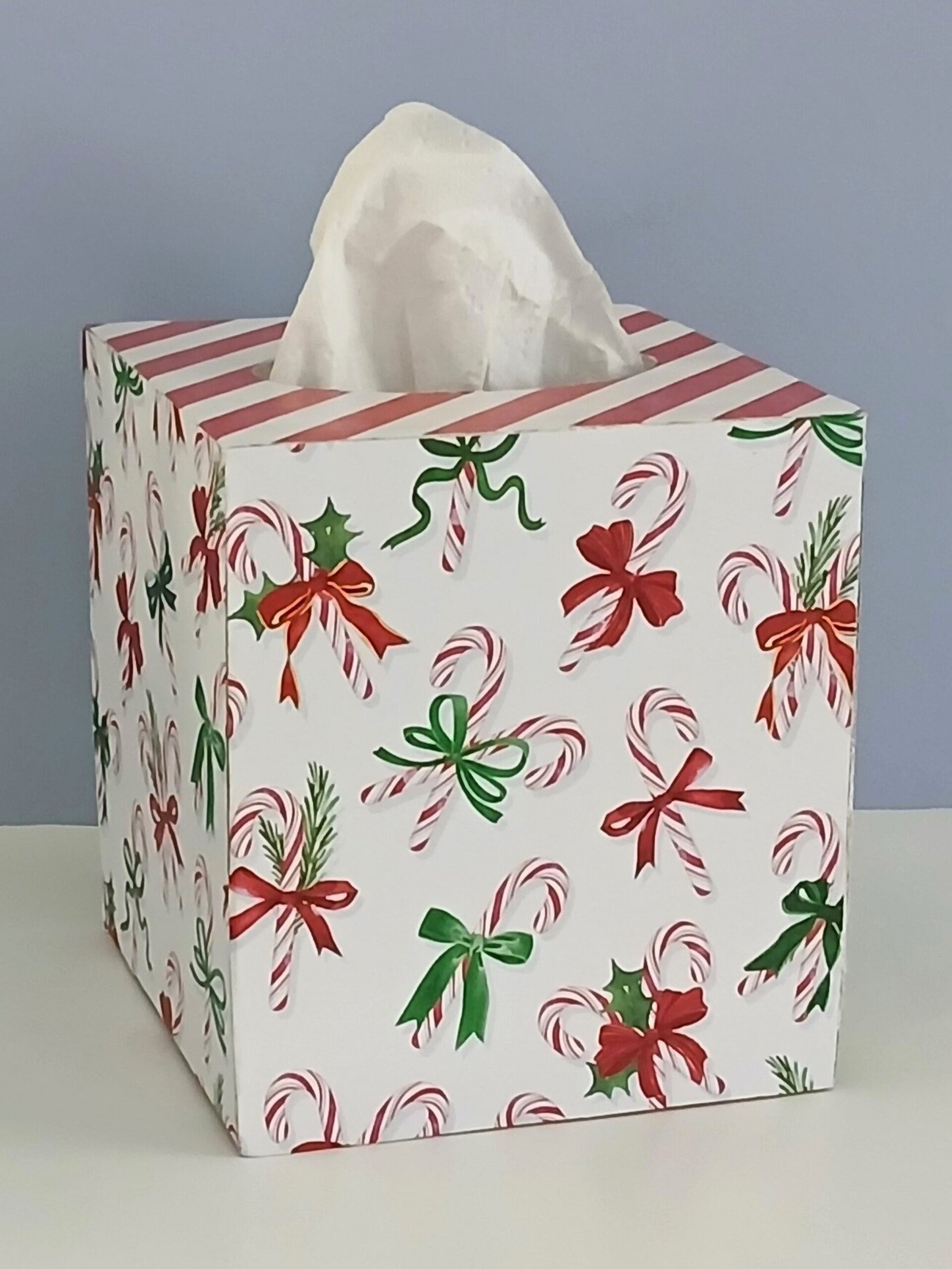 Candy Cane Christmas Tissue Box Cover- Decoupage square tissue holder, holiday decor