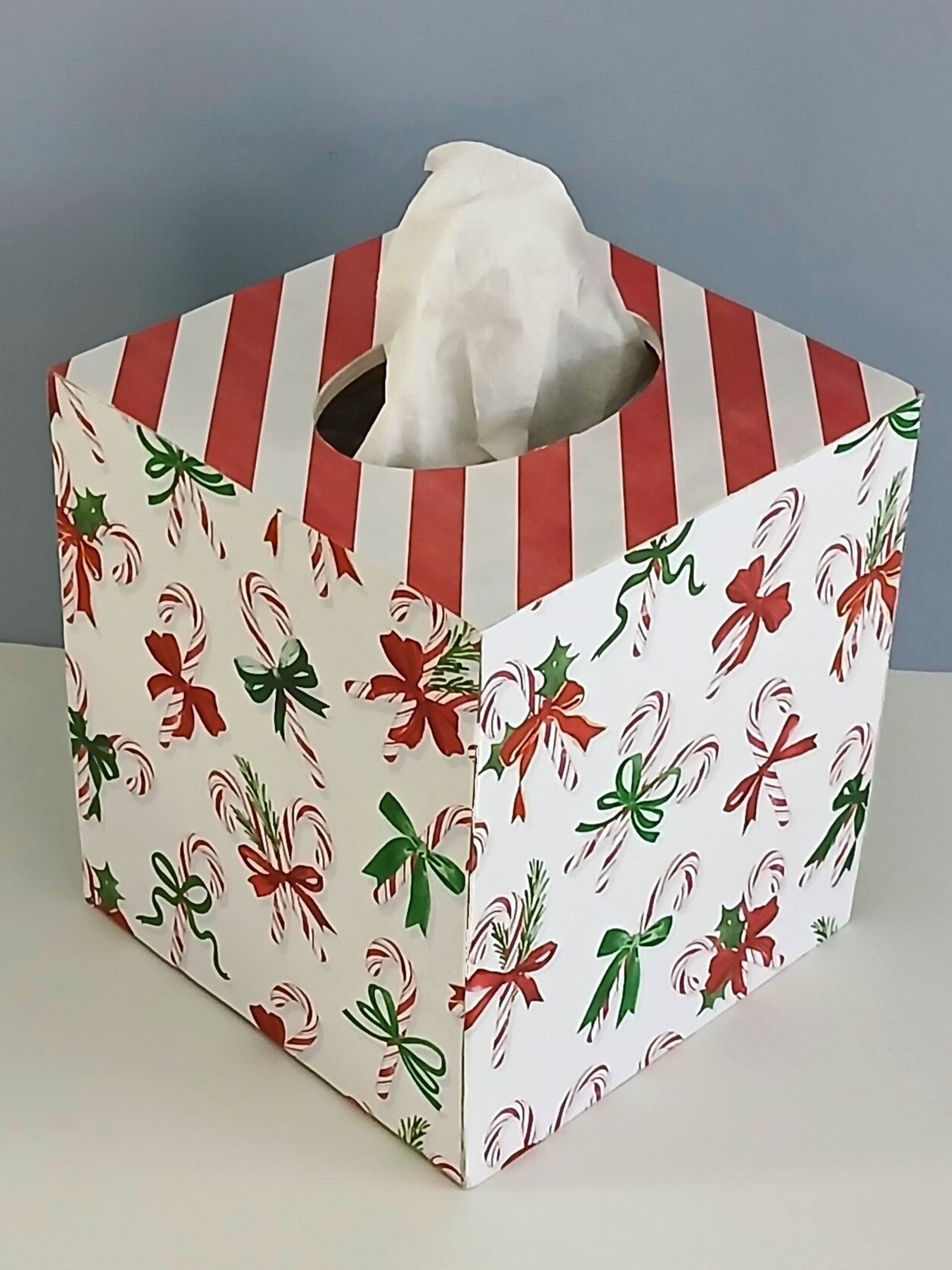 Candy Cane Christmas Tissue Box Cover- Decoupage square tissue holder, holiday decor