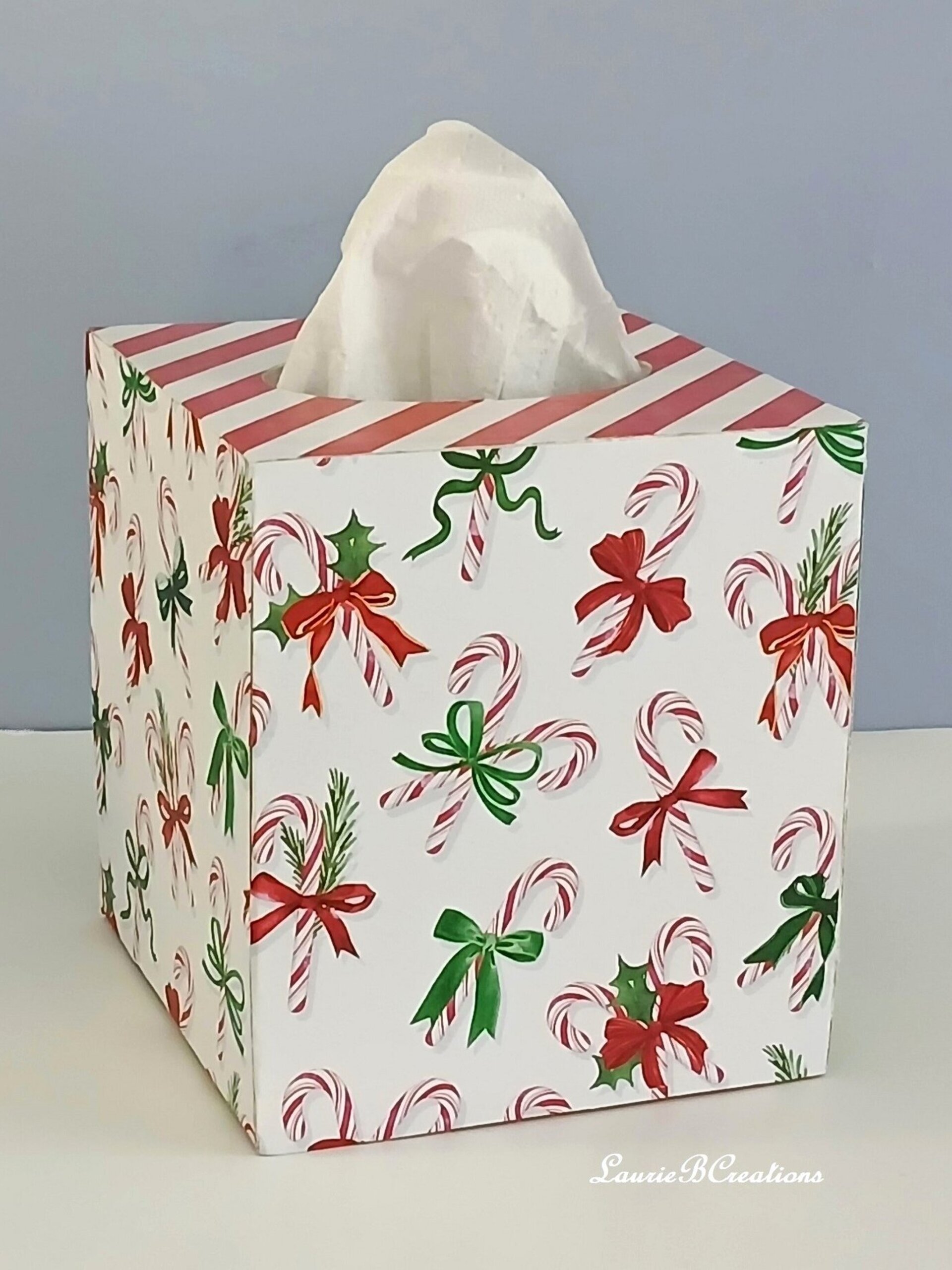 Candy Cane Christmas Tissue Box Cover- Decoupage square tissue holder, holiday decor