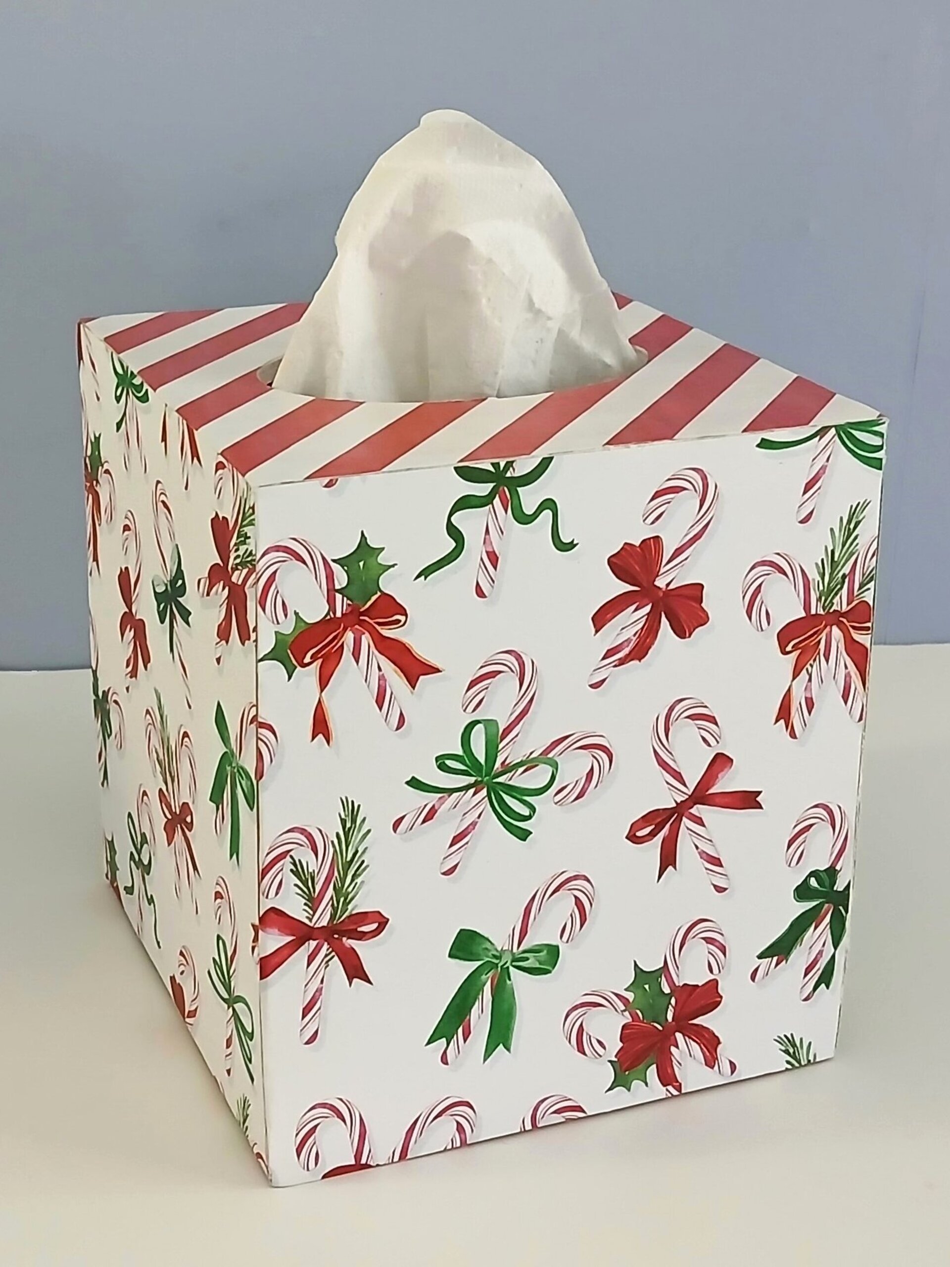 Candy Cane Christmas Tissue Box Cover- Decoupage square tissue holder, holiday decor