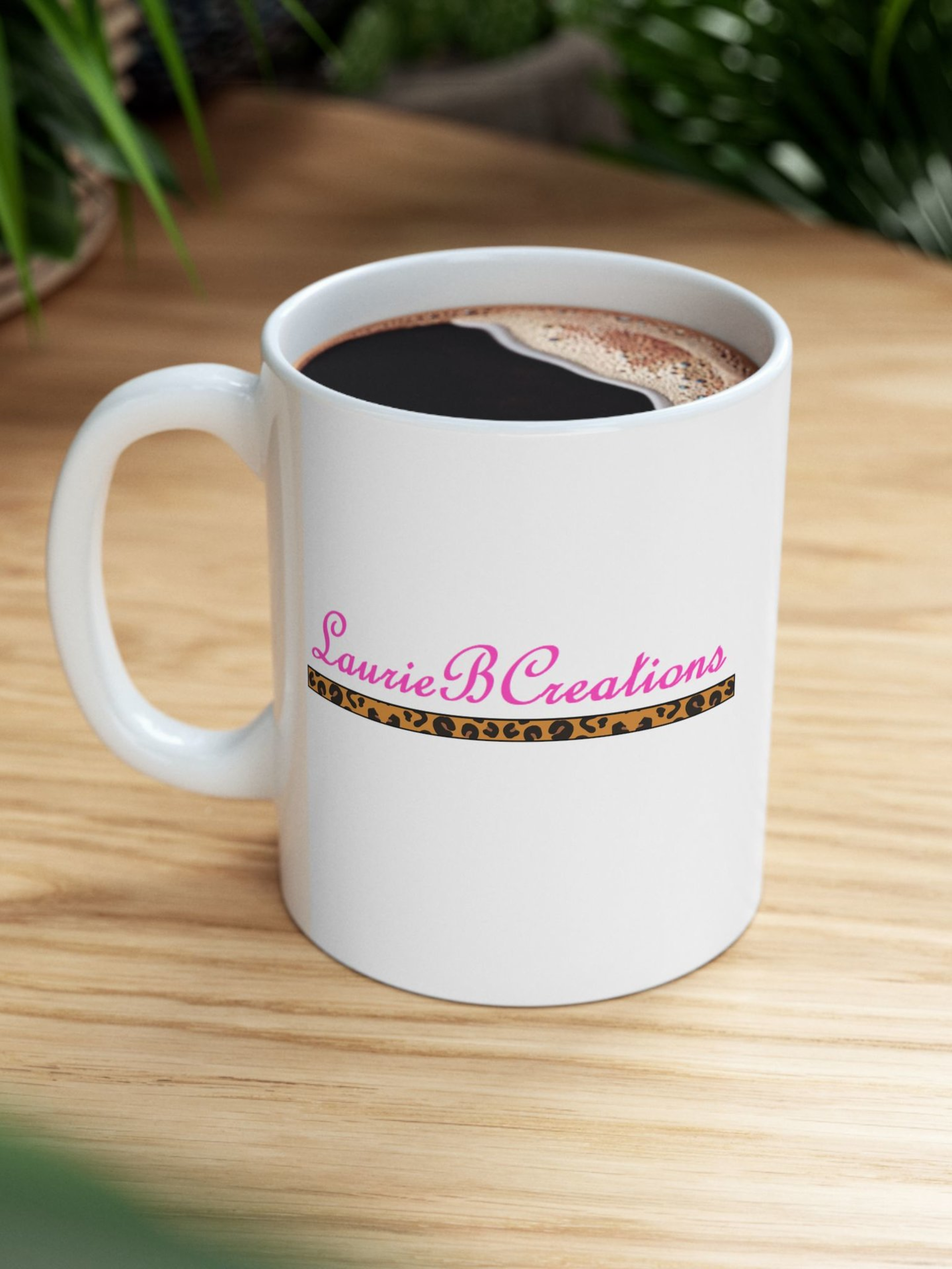 LaurieBCreations Ceramic Mug  - 11 oz. white with pink and animal print 