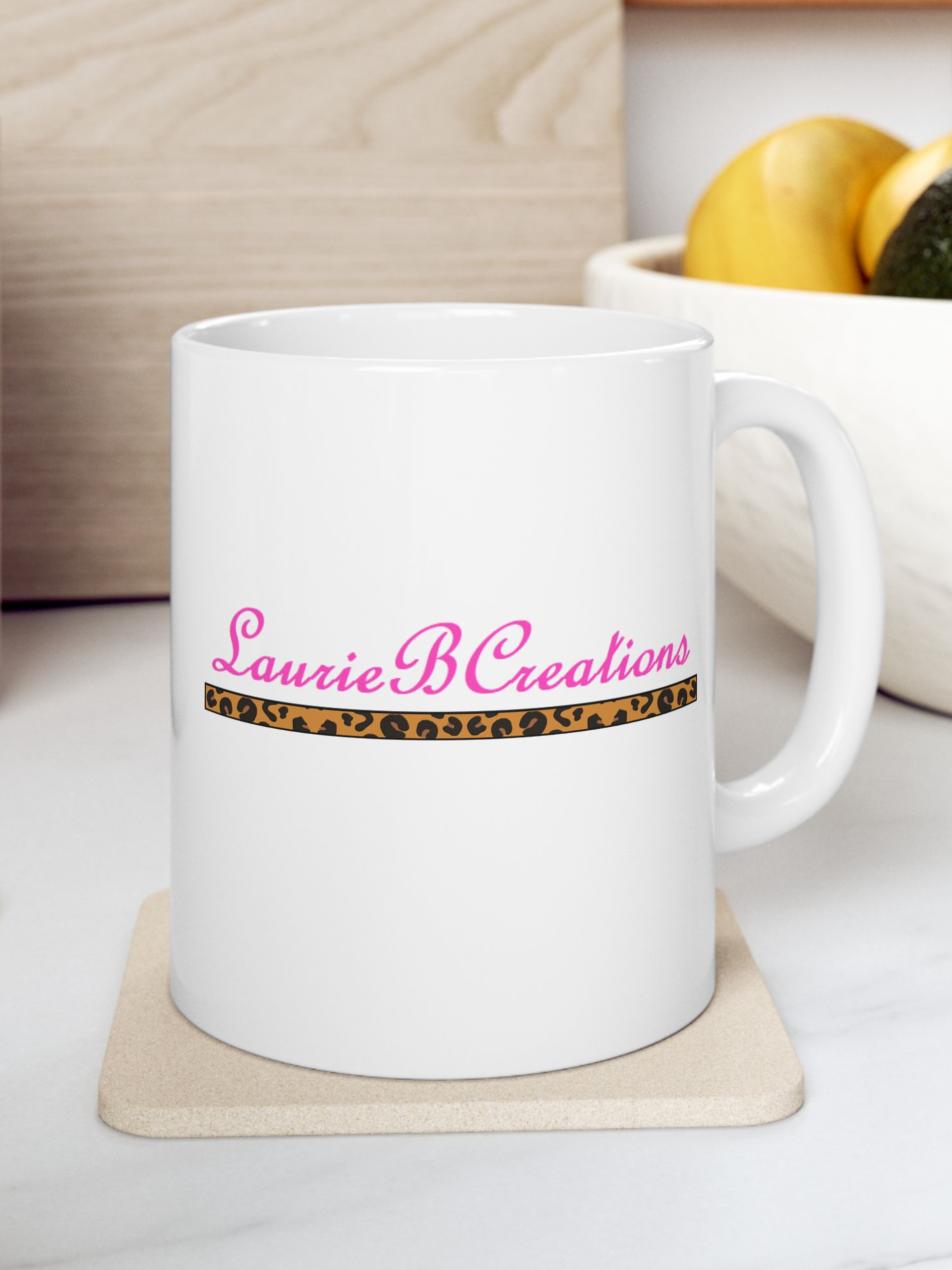 LaurieBCreations Ceramic Mug  - 11 oz. white with pink and animal print 