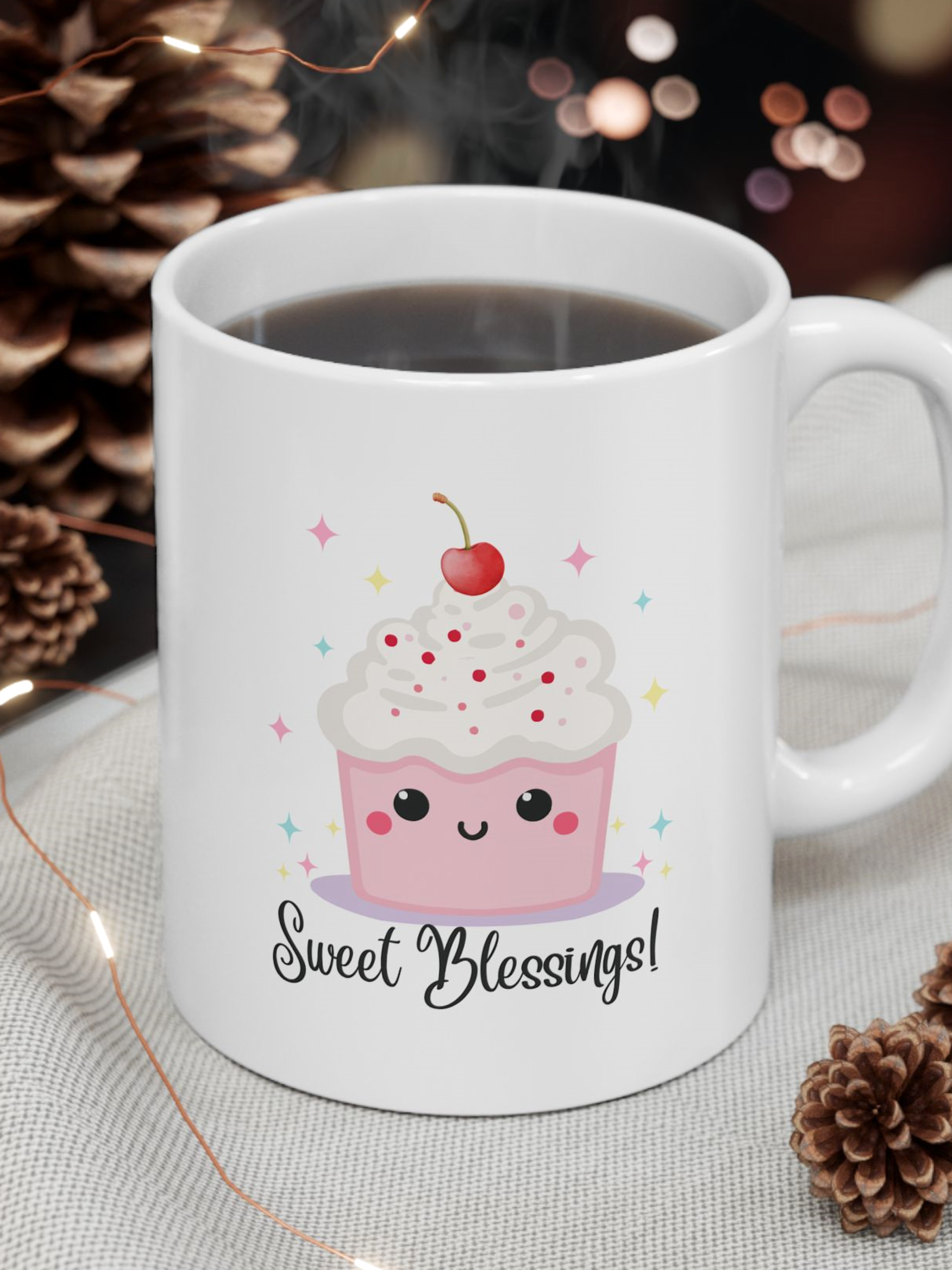Sweet Blessings Ceramic Mug  - 11 oz. white with whimsical cupcake and stars 