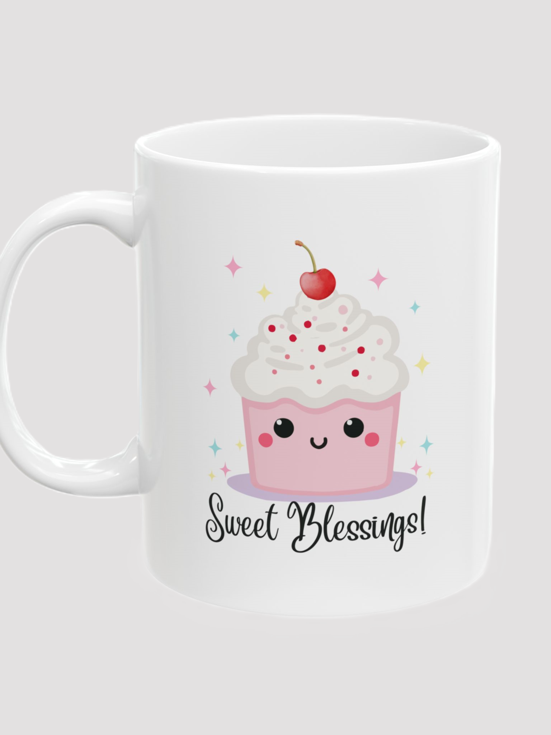 Sweet Blessings Ceramic Mug  - 11 oz. white with whimsical cupcake and stars 