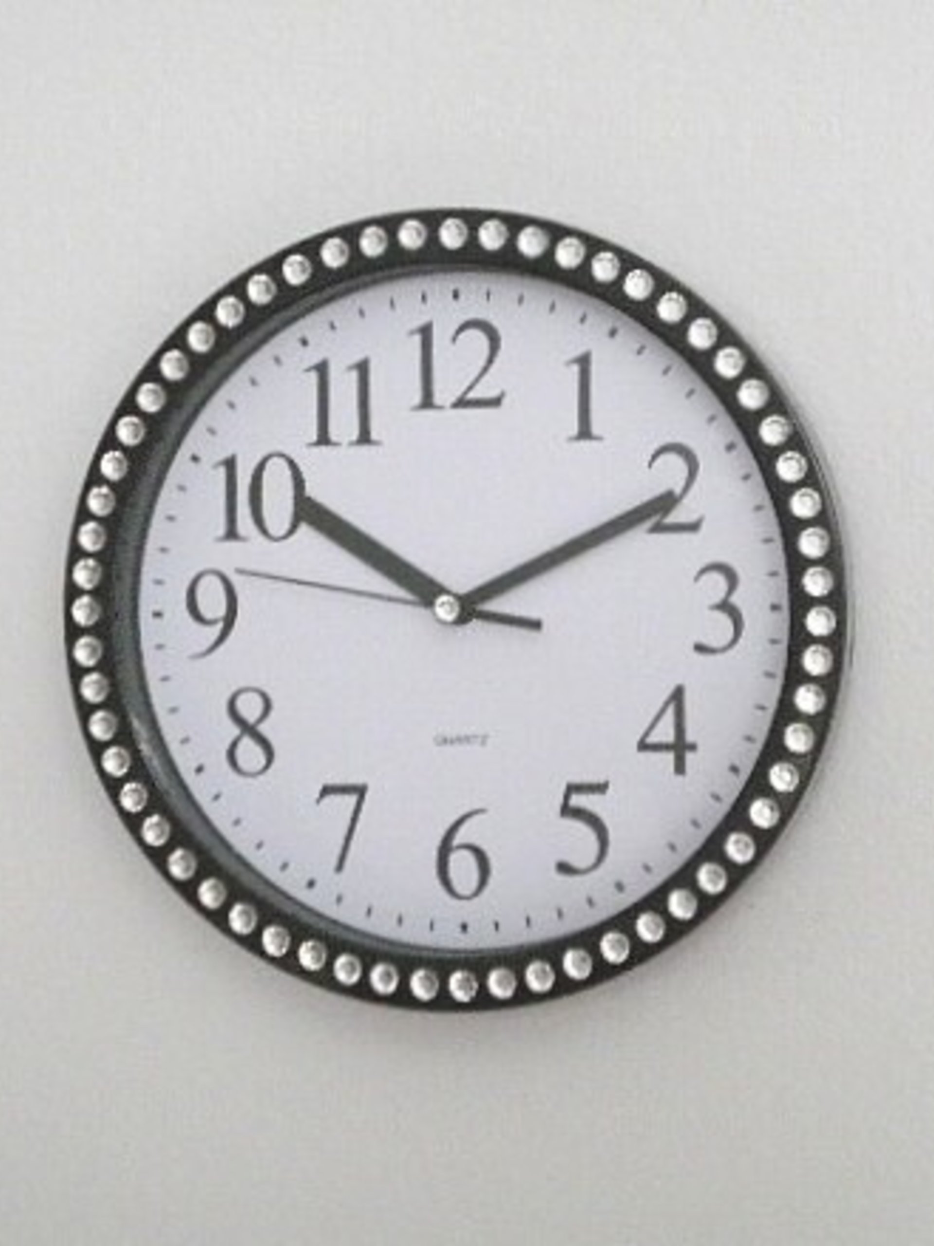 Bling Wall Clock - Decorative Round Black and White Clock w/ Sparkling Clear Rhinestones - 9"