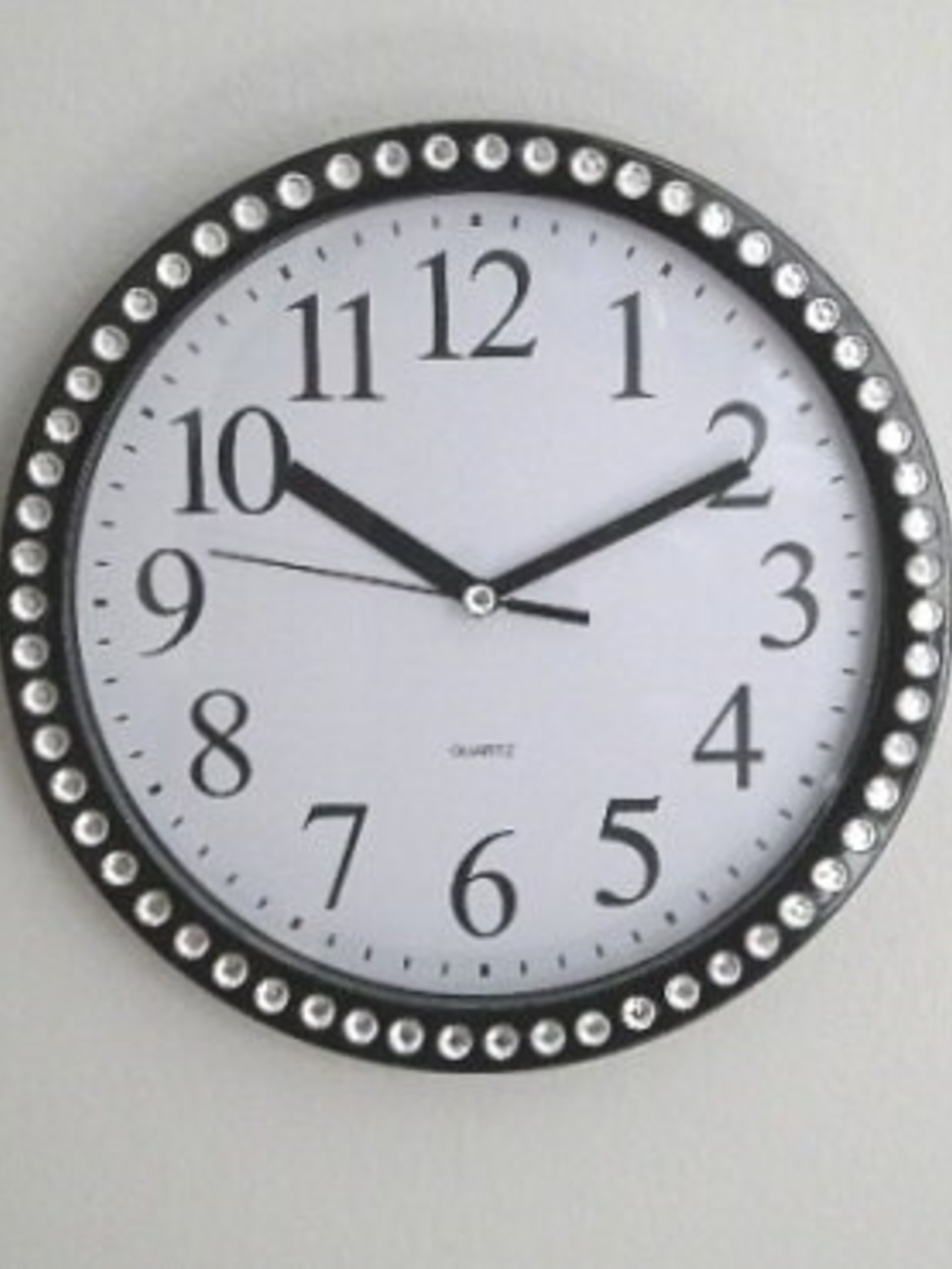 Bling Wall Clock - Decorative Round Black and White Clock w/ Sparkling Clear Rhinestones - 9"