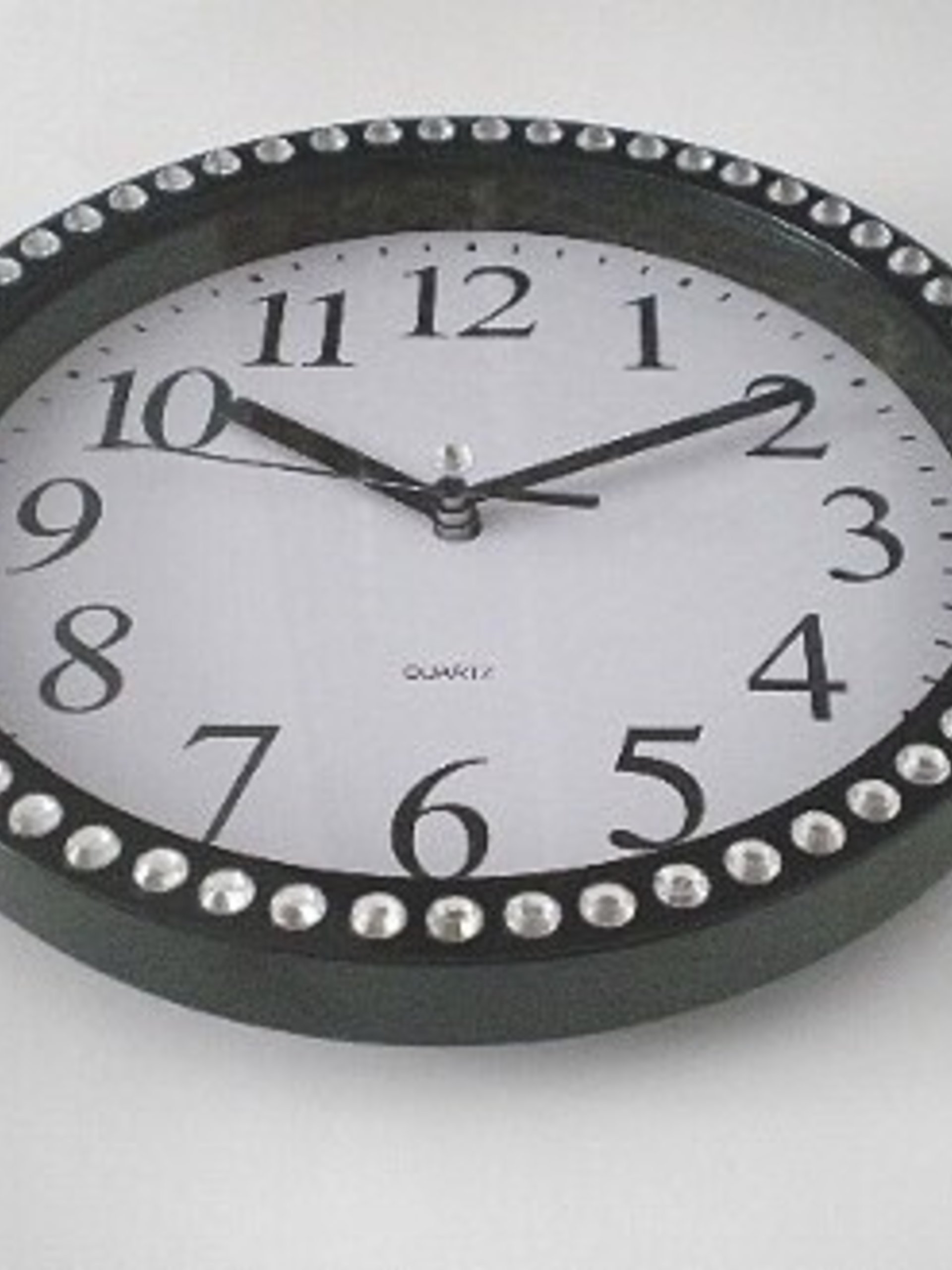 Bling Wall Clock - Decorative Round Black and White Clock w/ Sparkling Clear Rhinestones - 9"