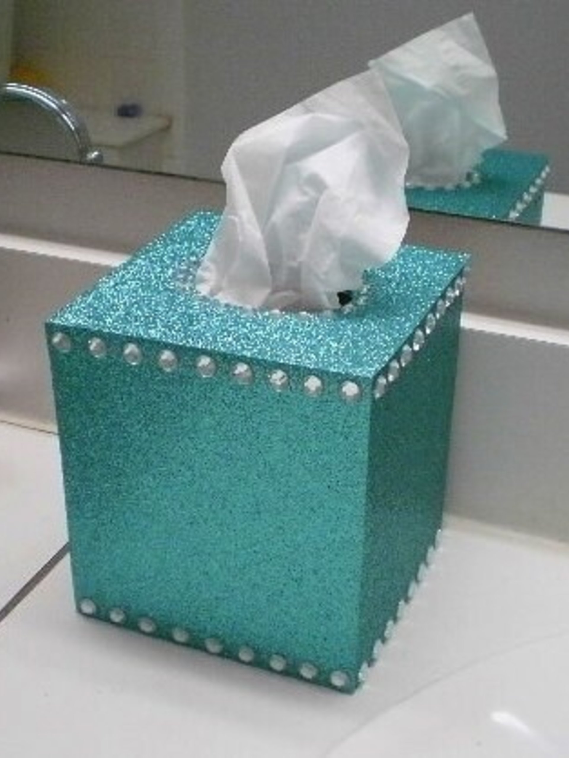 Glitter & Bling Tissue Box Cover-Sparkling Fine Glitter in Turquoise or a Variety of Glitter Colors w/ Clear Rhinestones