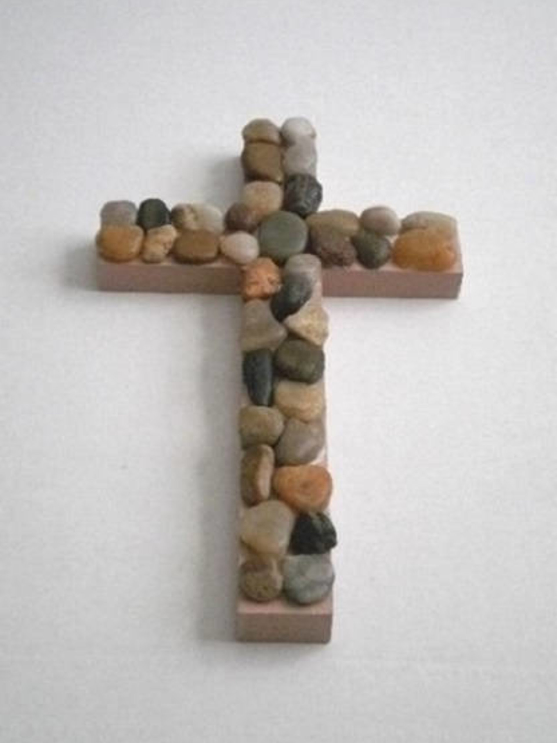 River Rock Wall Cross - Hand Painted Beige Wood Cross with River Pebble Rocks- 12" Natural Stone Cross 