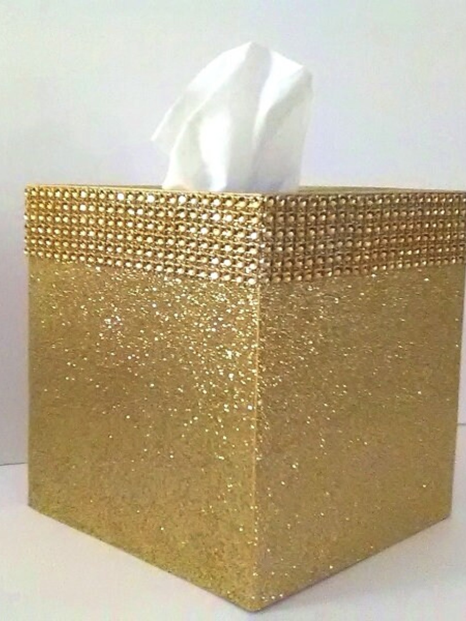 Gold Glitter & Diamond Wrap Tissue Box Cover-Fine Glitter w/Gold Diamond Wrap Bling, Square Tissue Holder