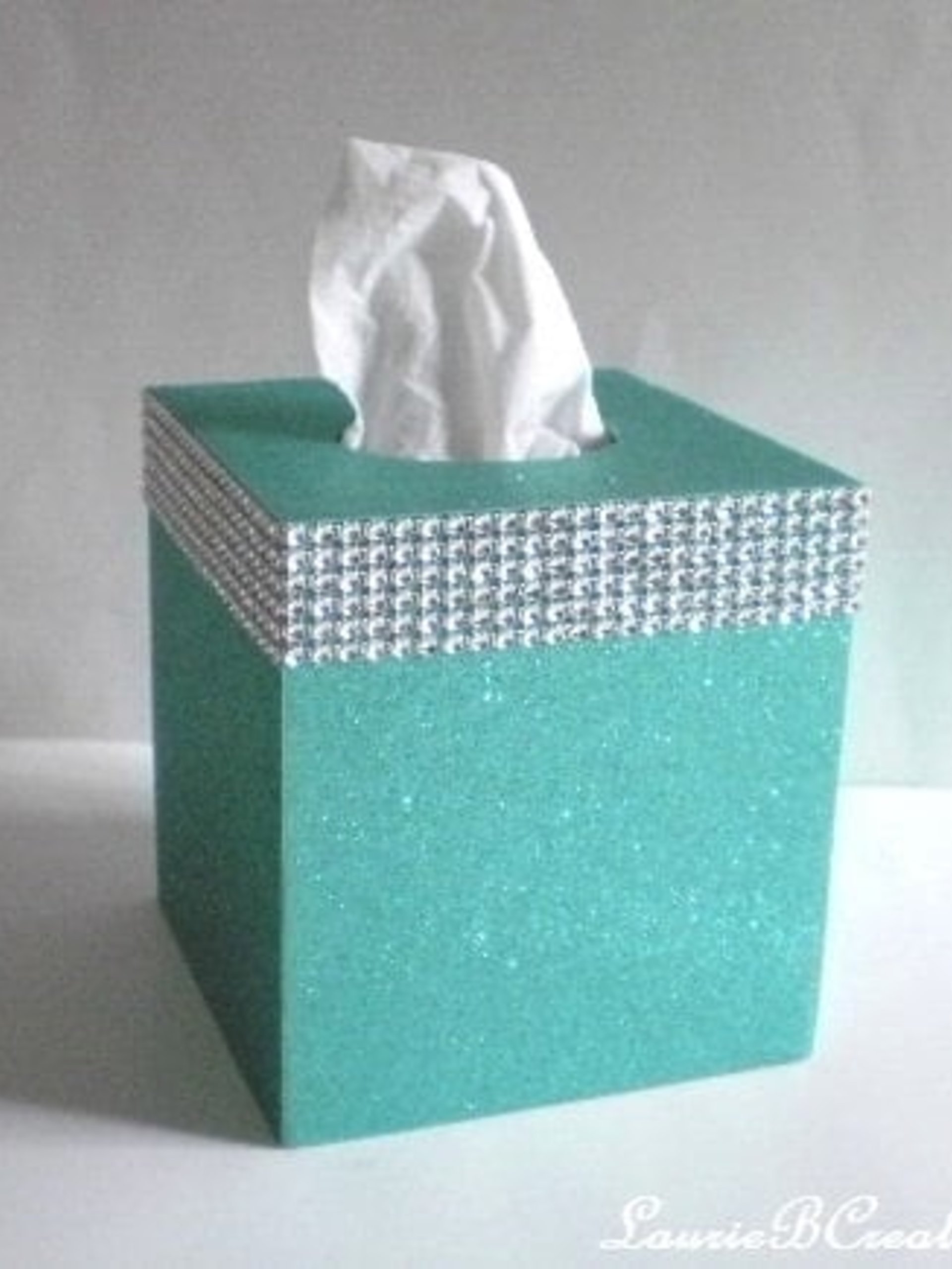 Glitter & Diamond Wrap Tissue Box Cover-Aqua blue fine glitter or a variety of colors-w/silver diamond wrap rhinestone bling
