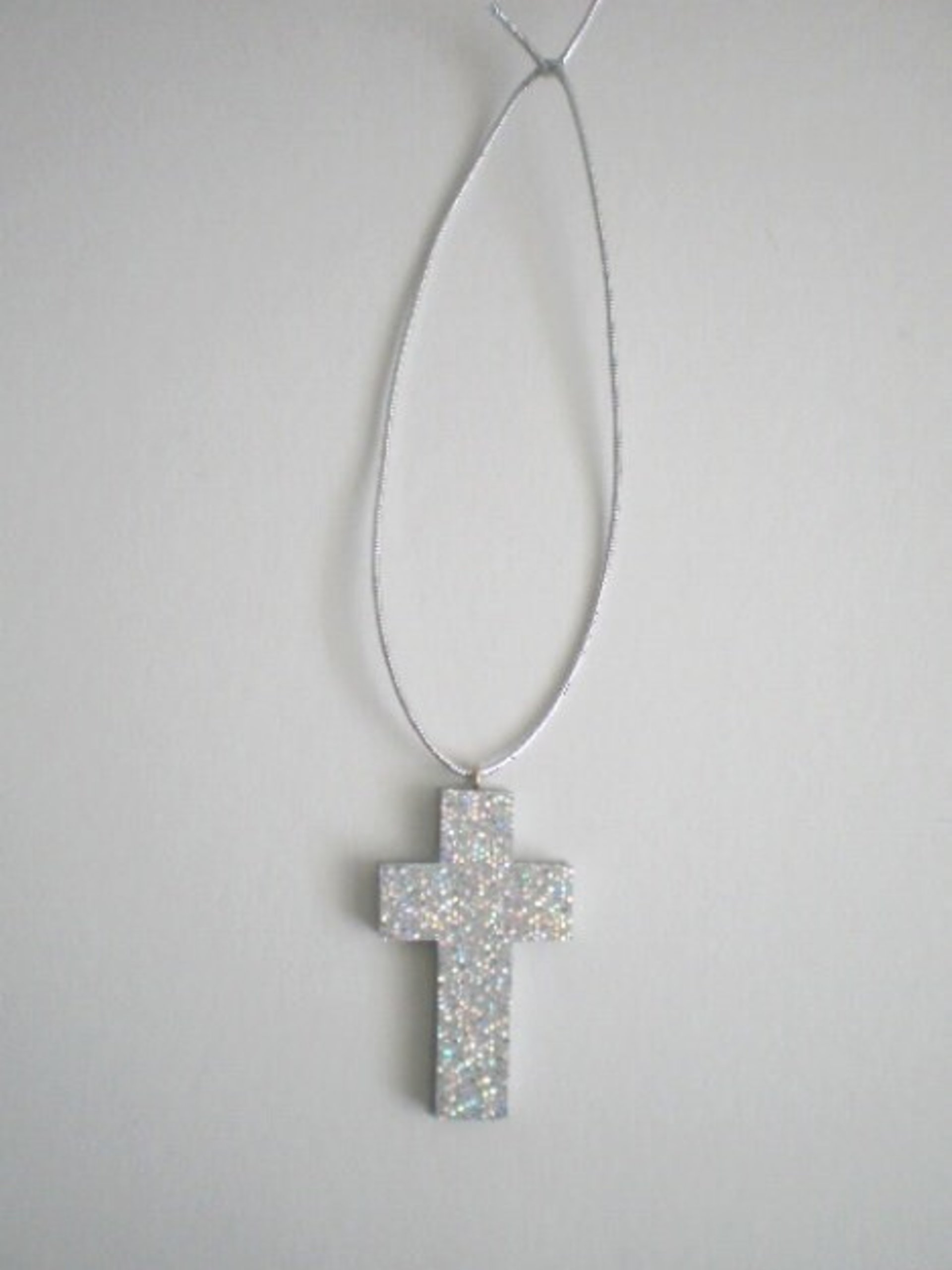 Glitter Car Cross For Rearview Mirror - Super Sparkling Silver Octagon/Prisma Glitter w/ Metallic Silver Cord