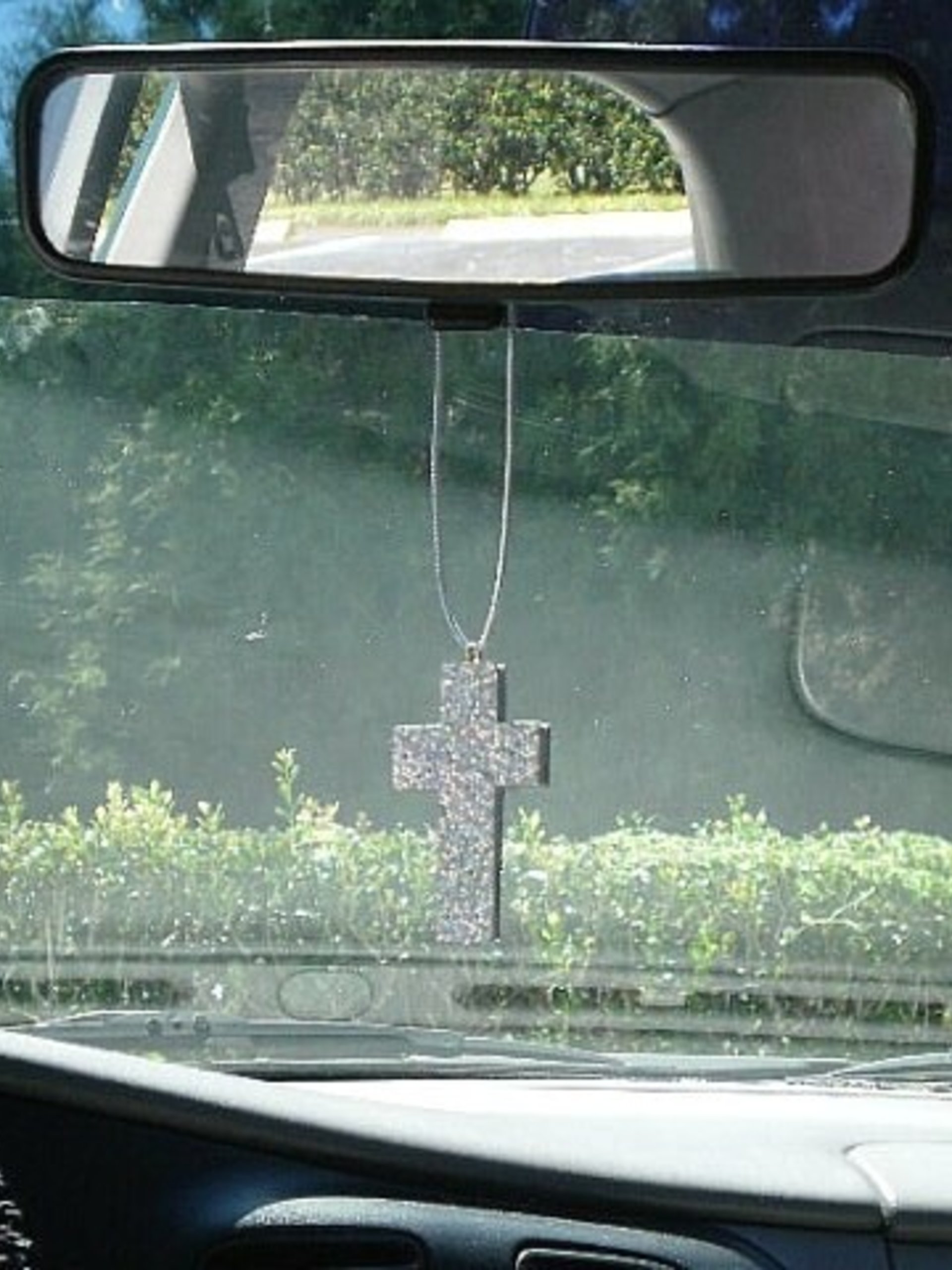 Glitter Car Cross For Rearview Mirror - Super Sparkling Silver Octagon/Prisma Glitter w/ Metallic Silver Cord