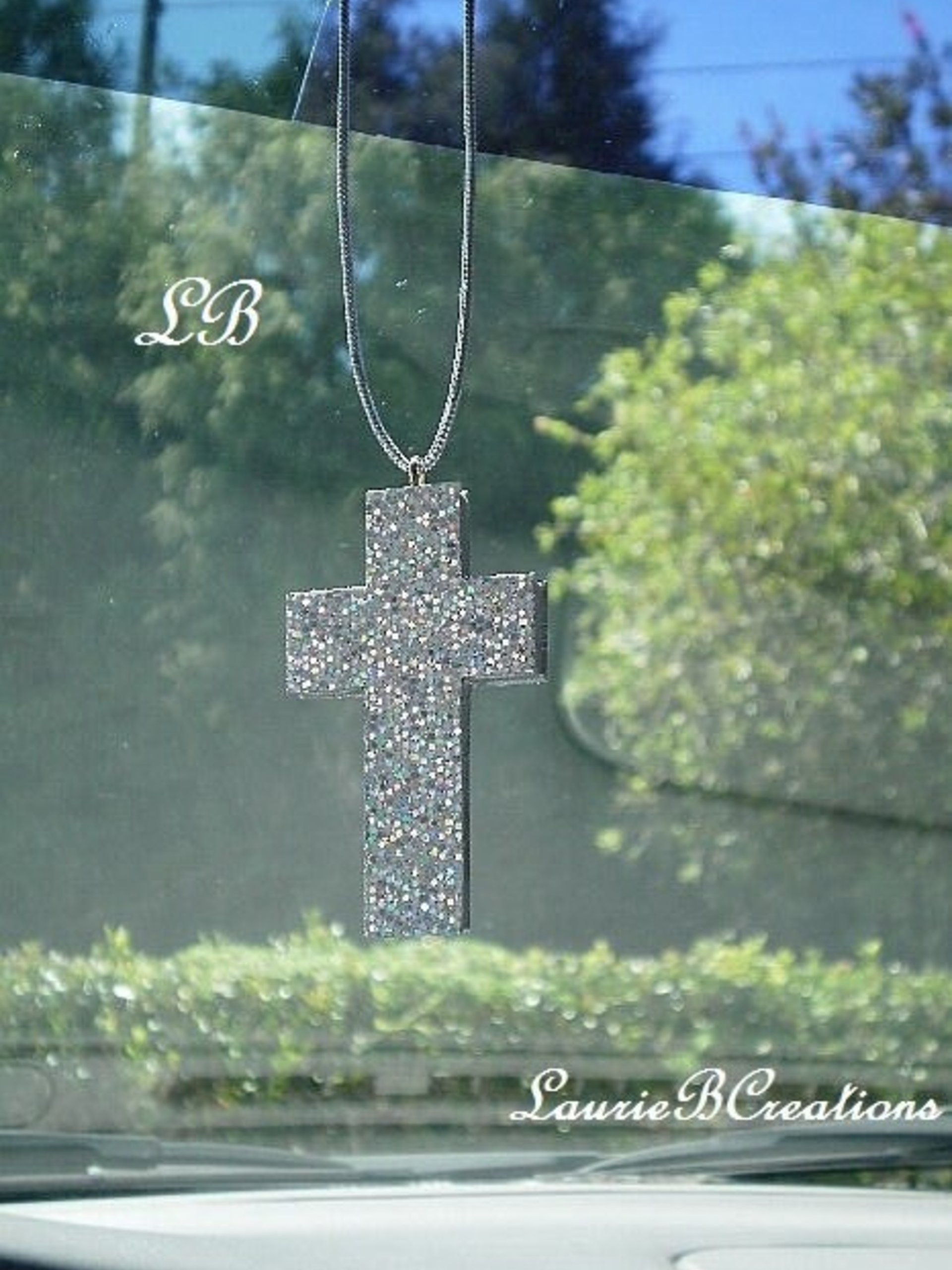 Glitter Car Cross For Rearview Mirror - Super Sparkling Silver Octagon/Prisma Glitter w/ Metallic Silver Cord