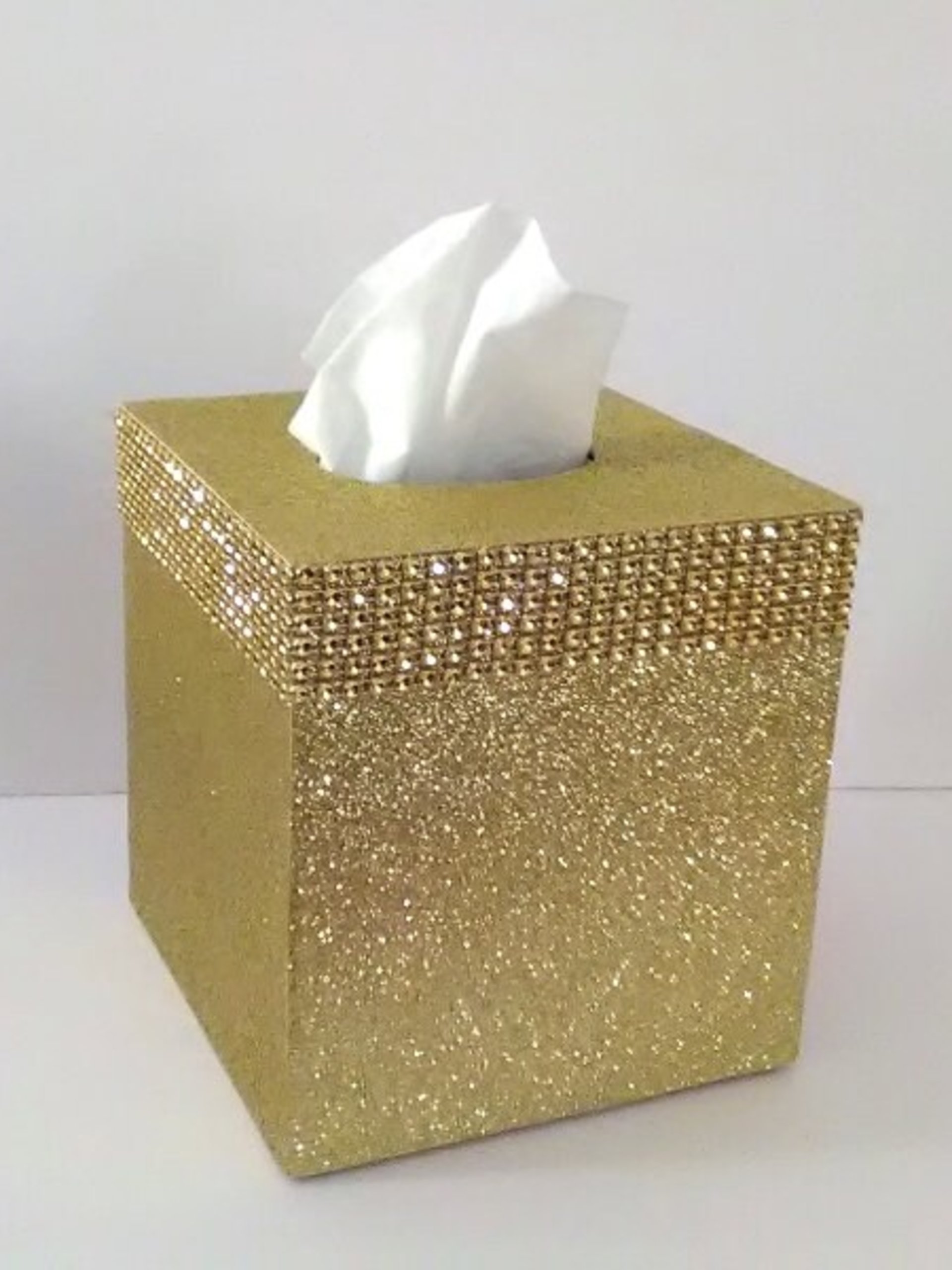 Gold Glitter & Diamond Wrap Tissue Box Cover-Fine Glitter w/Gold Diamond Wrap Bling, Square Tissue Holder