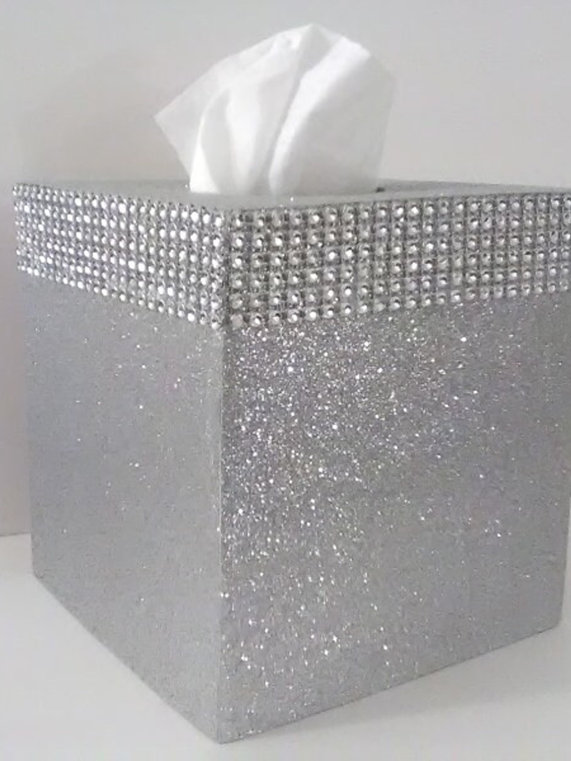 Silver Glitter & Diamond Wrap Tissue Box Cover-Fine Glitter-w/Silver Diamond Wrap Bling