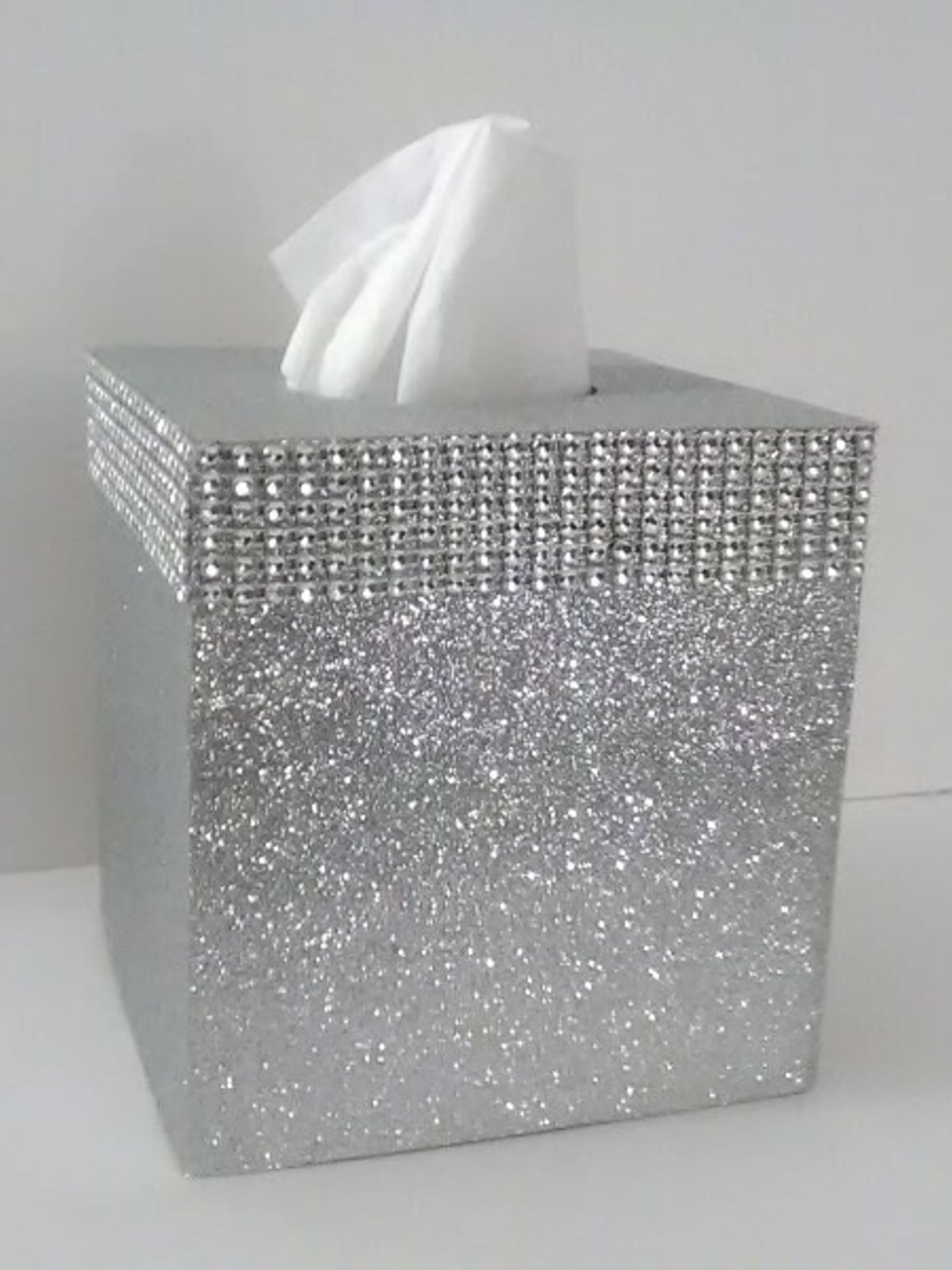 Silver Glitter & Diamond Wrap Tissue Box Cover-Fine Glitter-w/Silver Diamond Wrap Bling