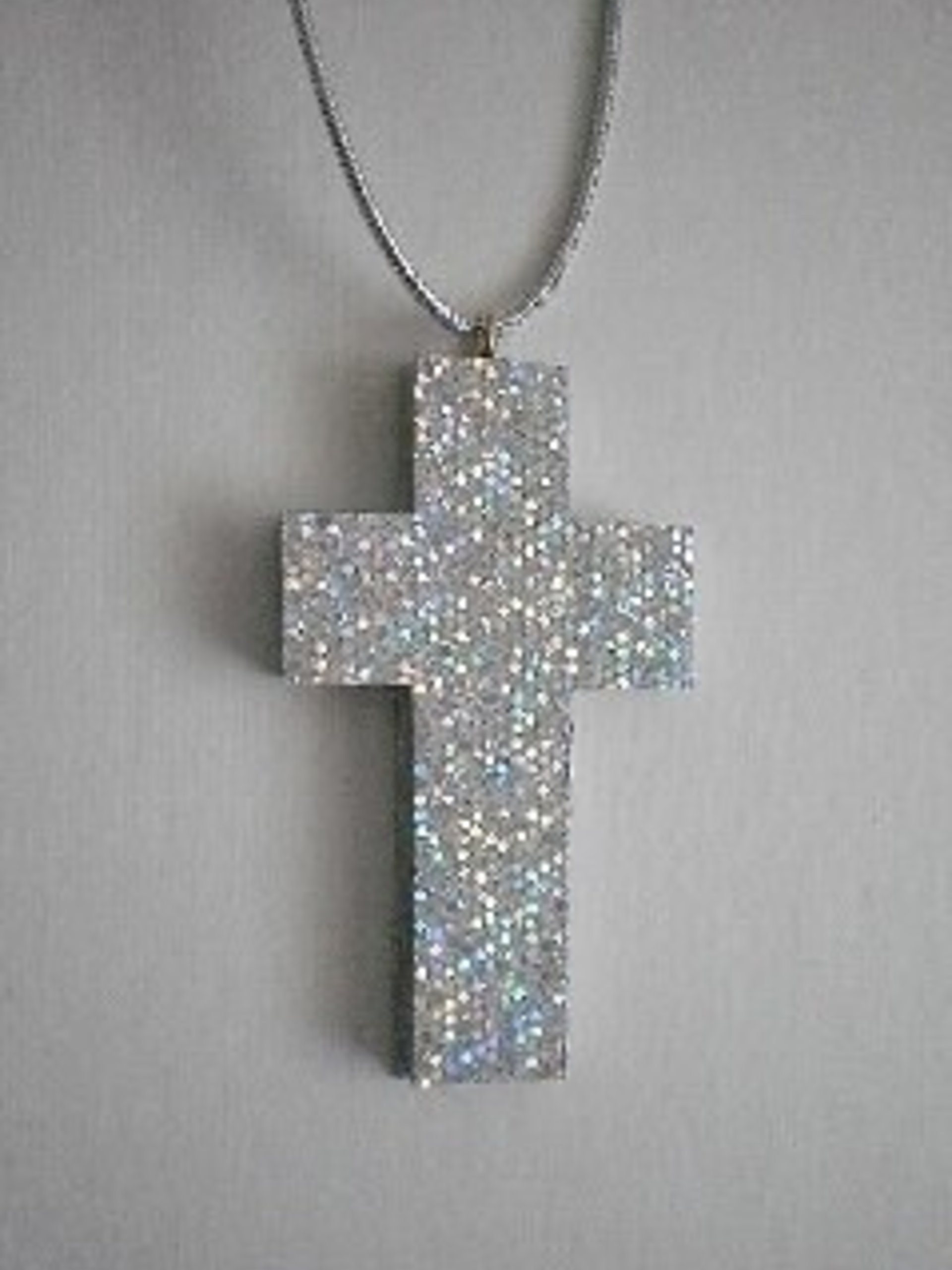 Glitter Car Cross For Rearview Mirror - Super Sparkling Silver Octagon/Prisma Glitter w/ Metallic Silver Cord