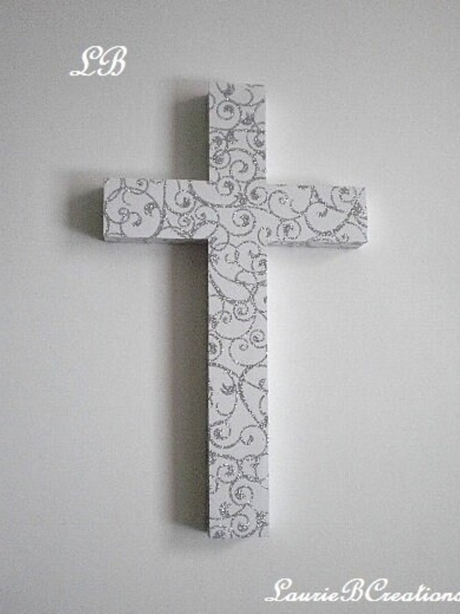 Silver Swirl Cross - White Wall Cross w/ Sparkling Silver Glitter Swirls - 9.5" or 12"