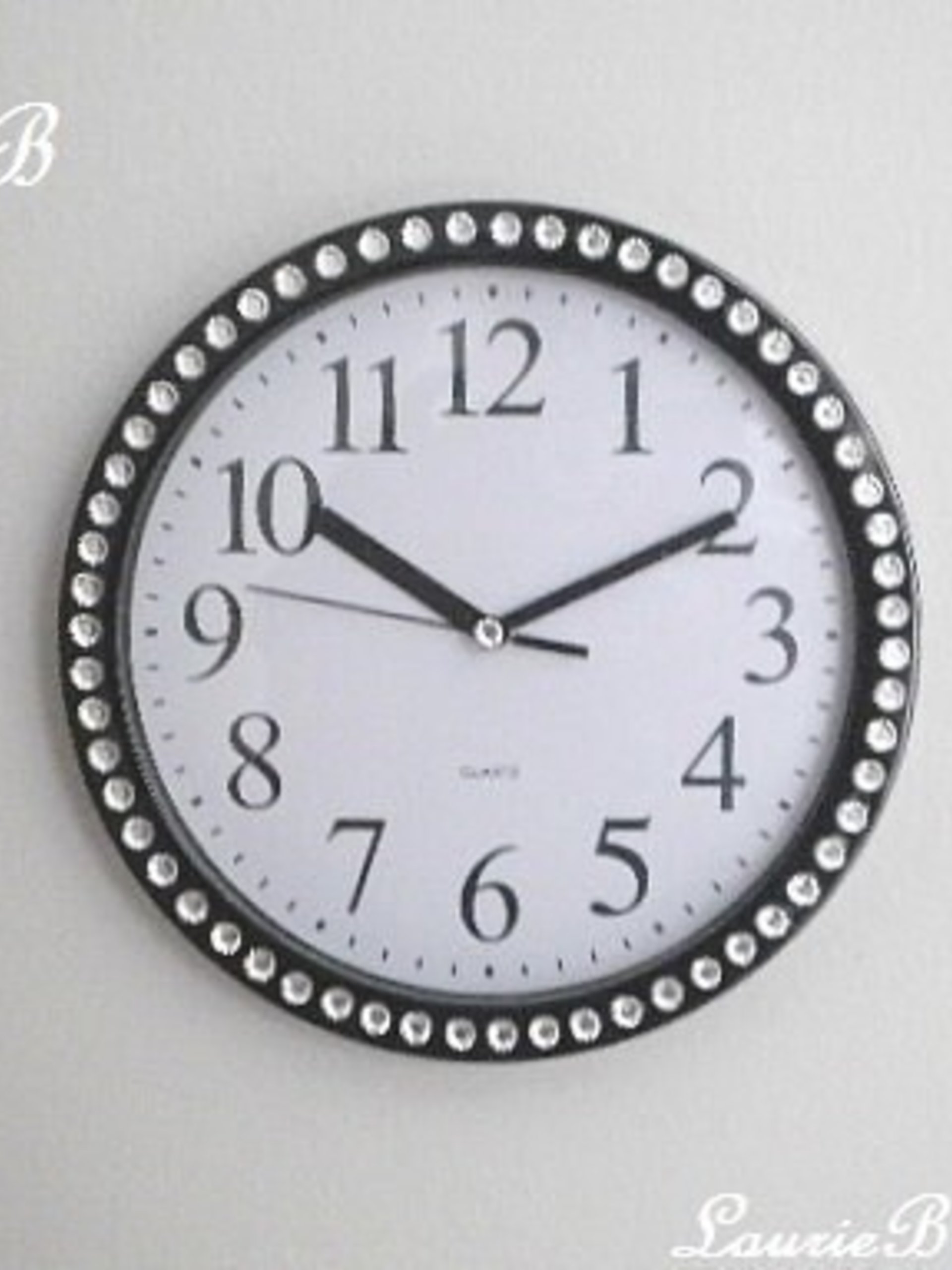 Bling Wall Clock - Decorative Round Black and White Clock w/ Sparkling Clear Rhinestones - 9"